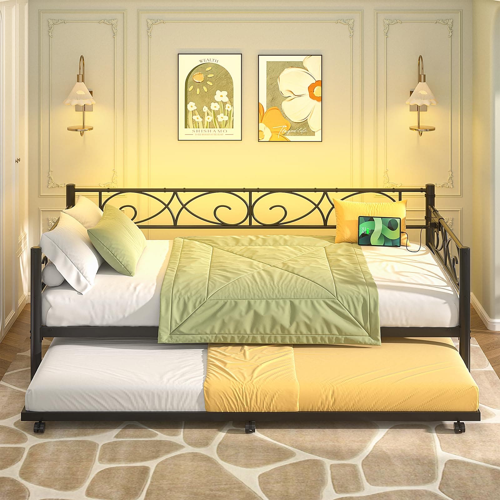 Unikito Black Metal Daybed with Pop-Up Trundle, Charging Station, and LED Lights