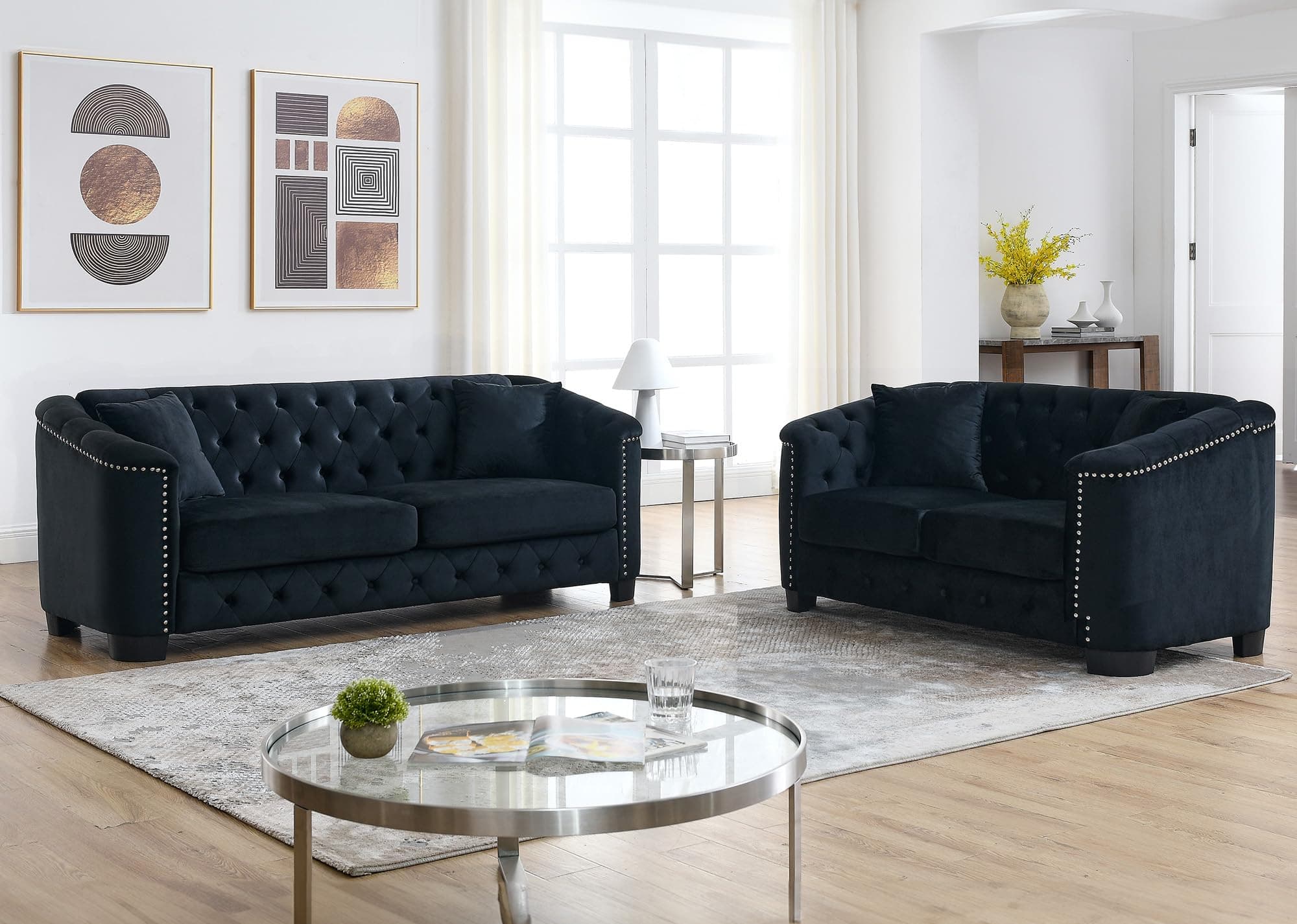 Velvet Chesterfield Sofa Set - Black