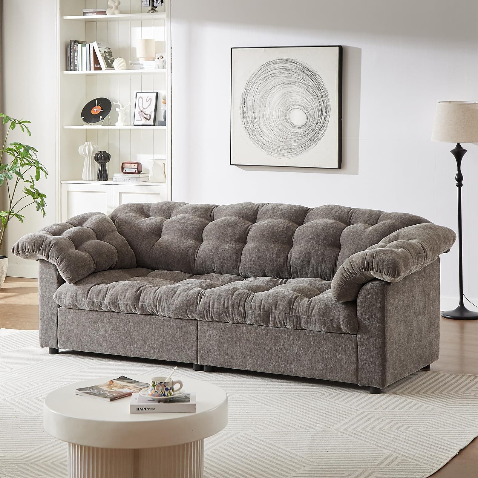 JEEOHEY Modern Sofa Couch, 99" W Chenille Tufted Fluffy Comfy Cloud Couch with Tutfted Design & Armrest Pillows, Upholstered Oversized Loveseat Sofa for Living Room, Bedroom, Office, Apartment, Grey