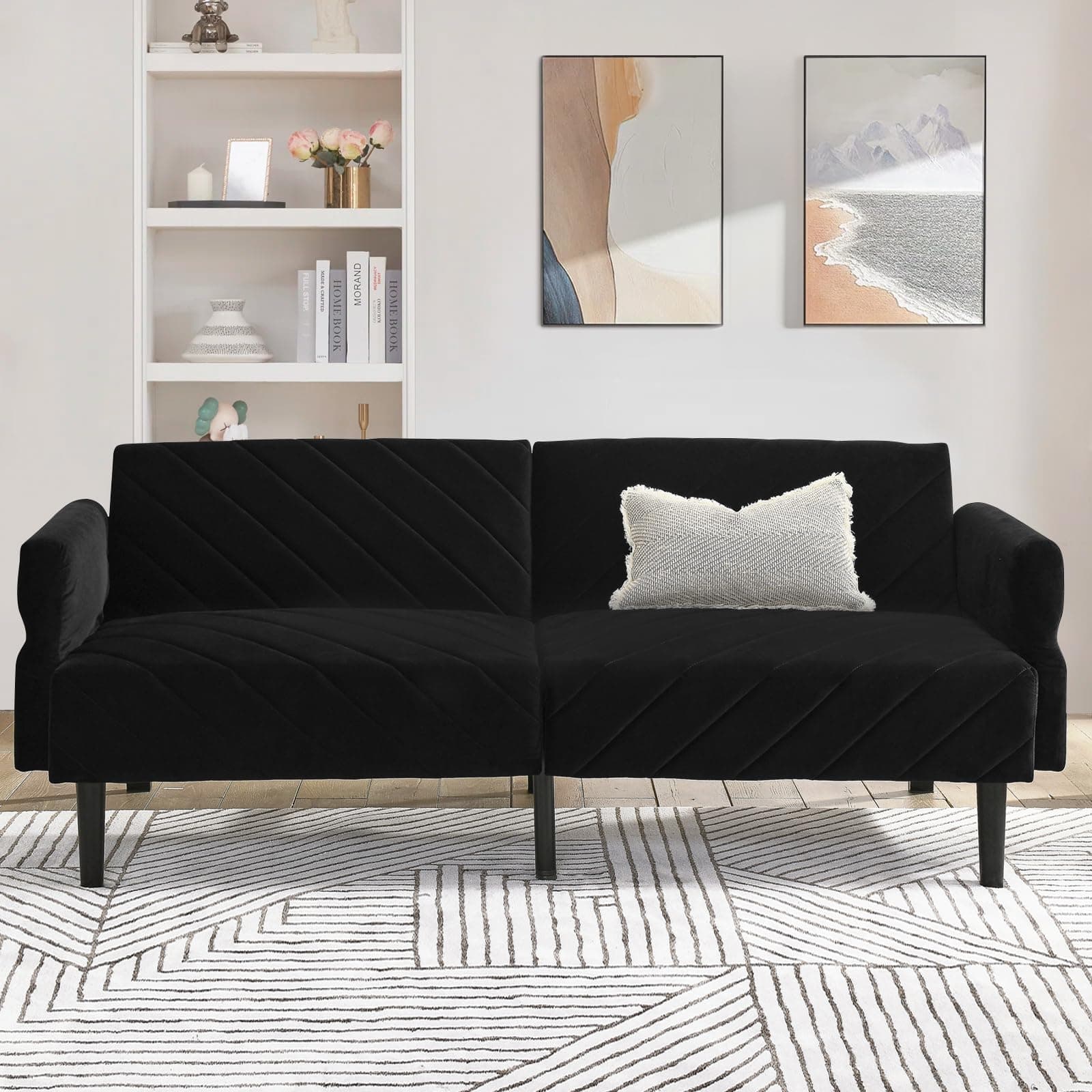 Oversized Velvet Futon Sofa Bed for Small Spaces in Black