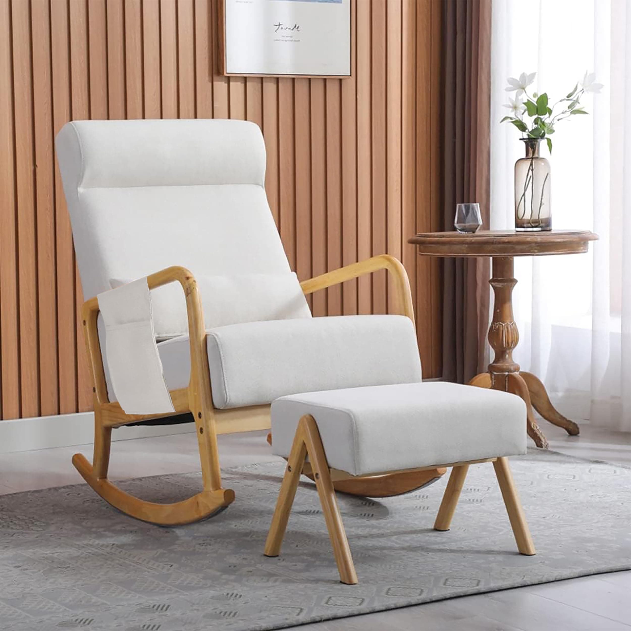 HOMREST Mid-Century Modern Rocking Chair with Ottoman & Side Pocket, White