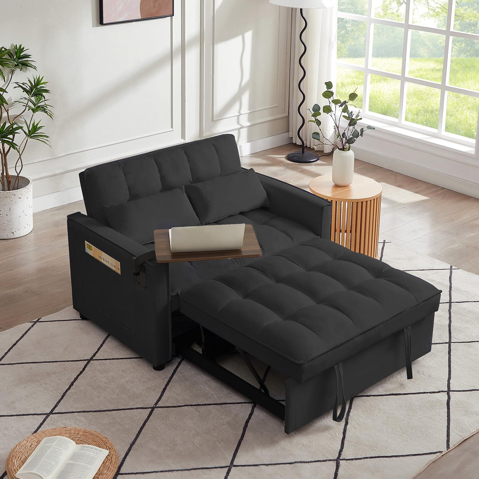 3 in 1 Sleeper Sofa Bed, Velvet Futon with Chaise Lounge & Reclining Backrest (Black)