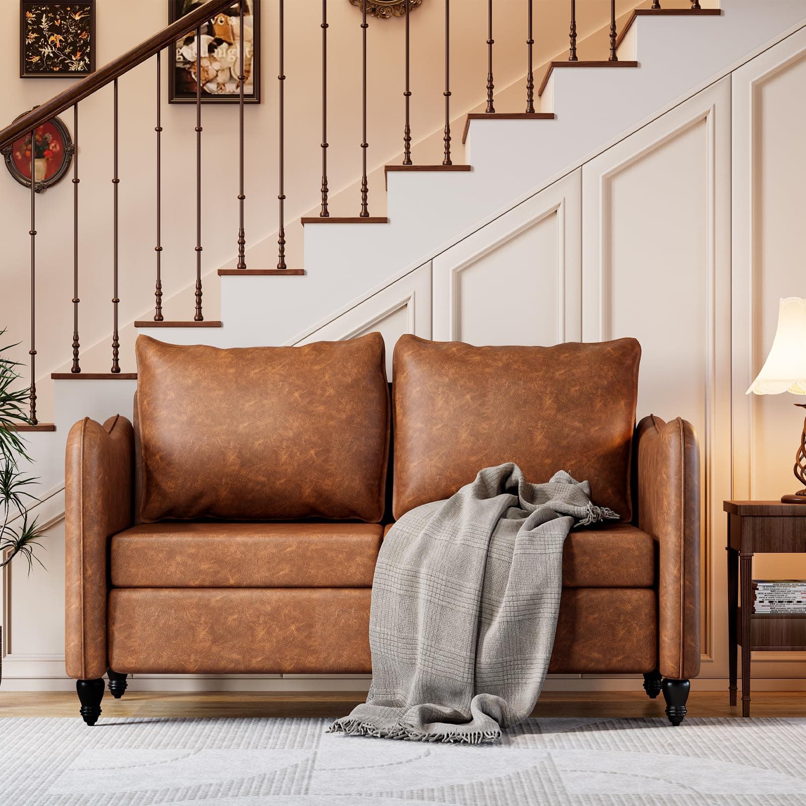 Mid Century Modern Brown PU Leather 2 Seat Sofa for Small Spaces