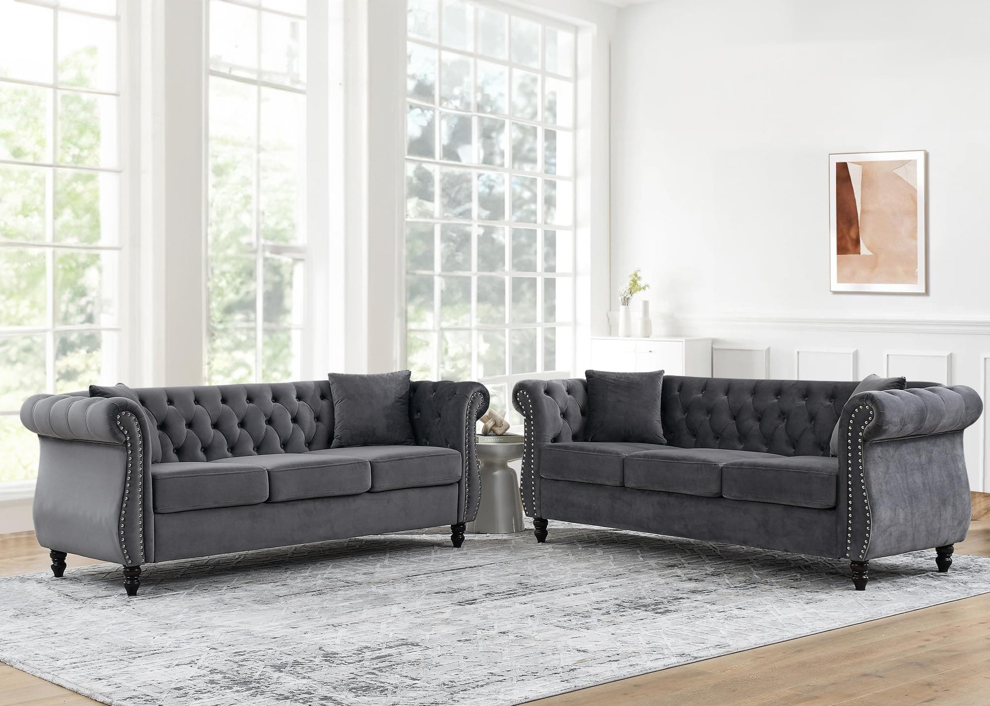 Chesterfield Sofa Set, 2 Pieces Velvet Couch with Nailhead Trim and Rolled Arms
