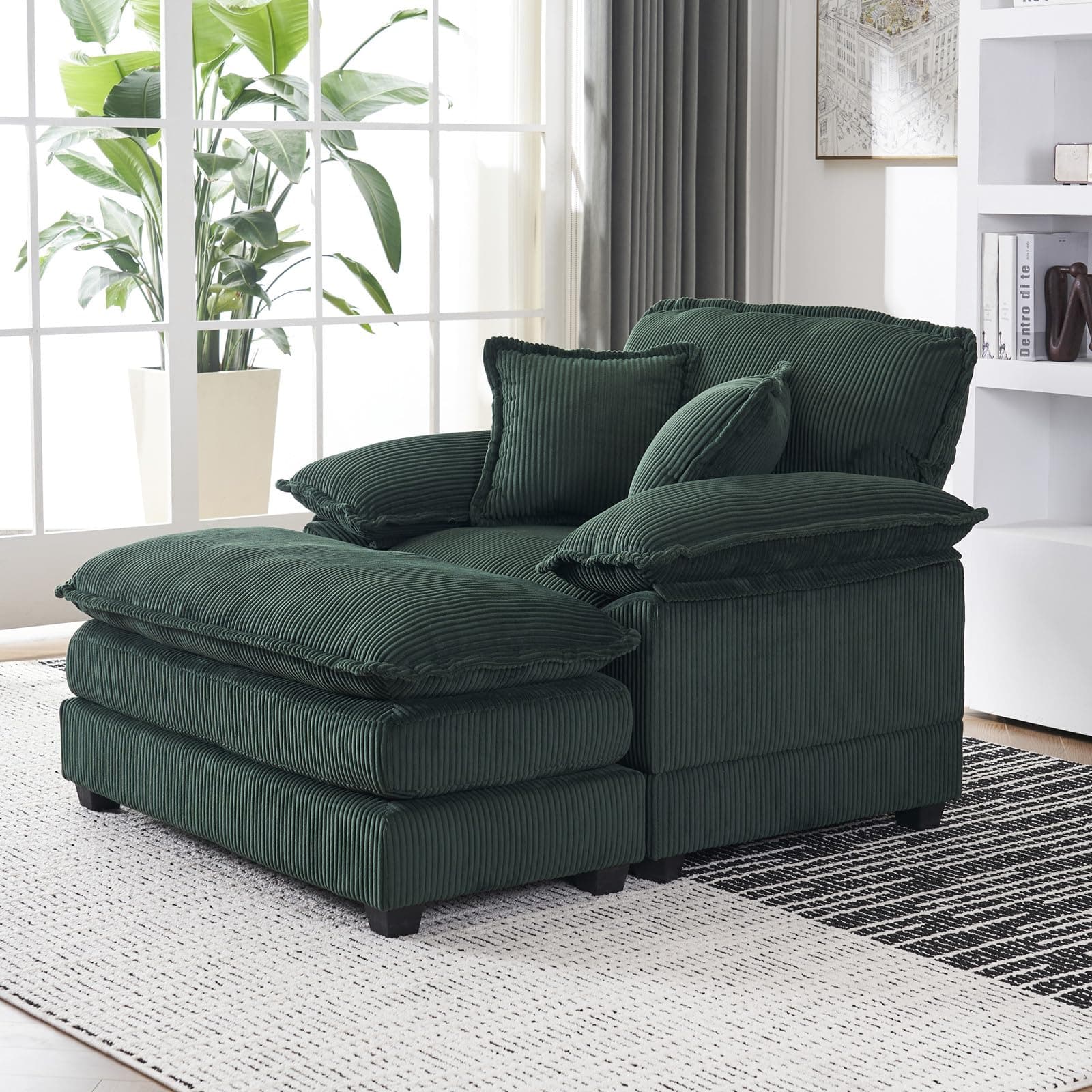 Oversized Corduroy Chaise Lounge Chair, Green, Perfect for Living Room, Bedroom, Office