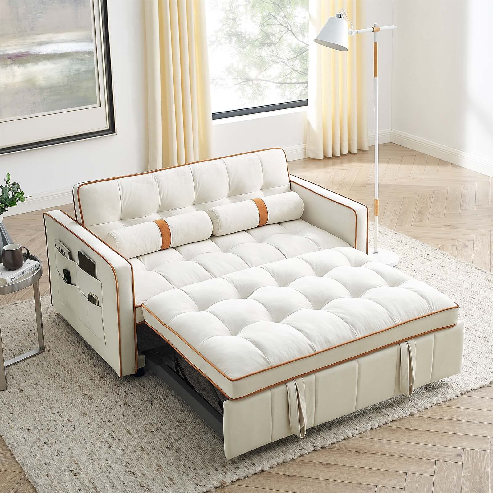 Upgraded Velvet Sleeper Sofa Bed with Pull Out Bed and 2 Pillows for Small Space