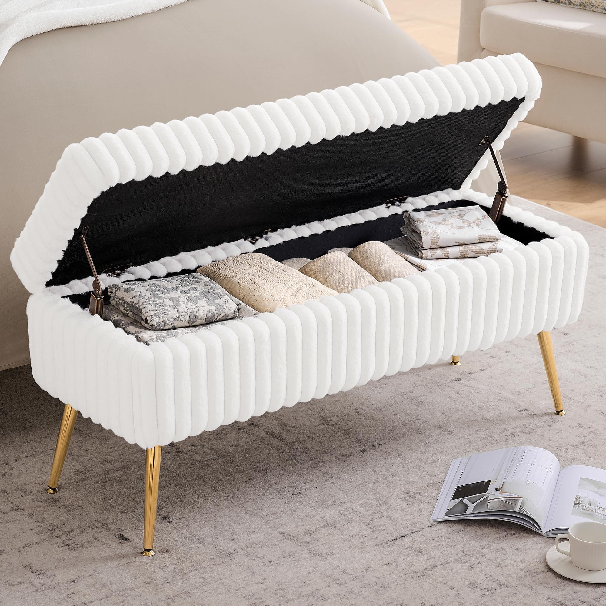 White Gold Leg Storage Bench with Seating & Bedside Organizer