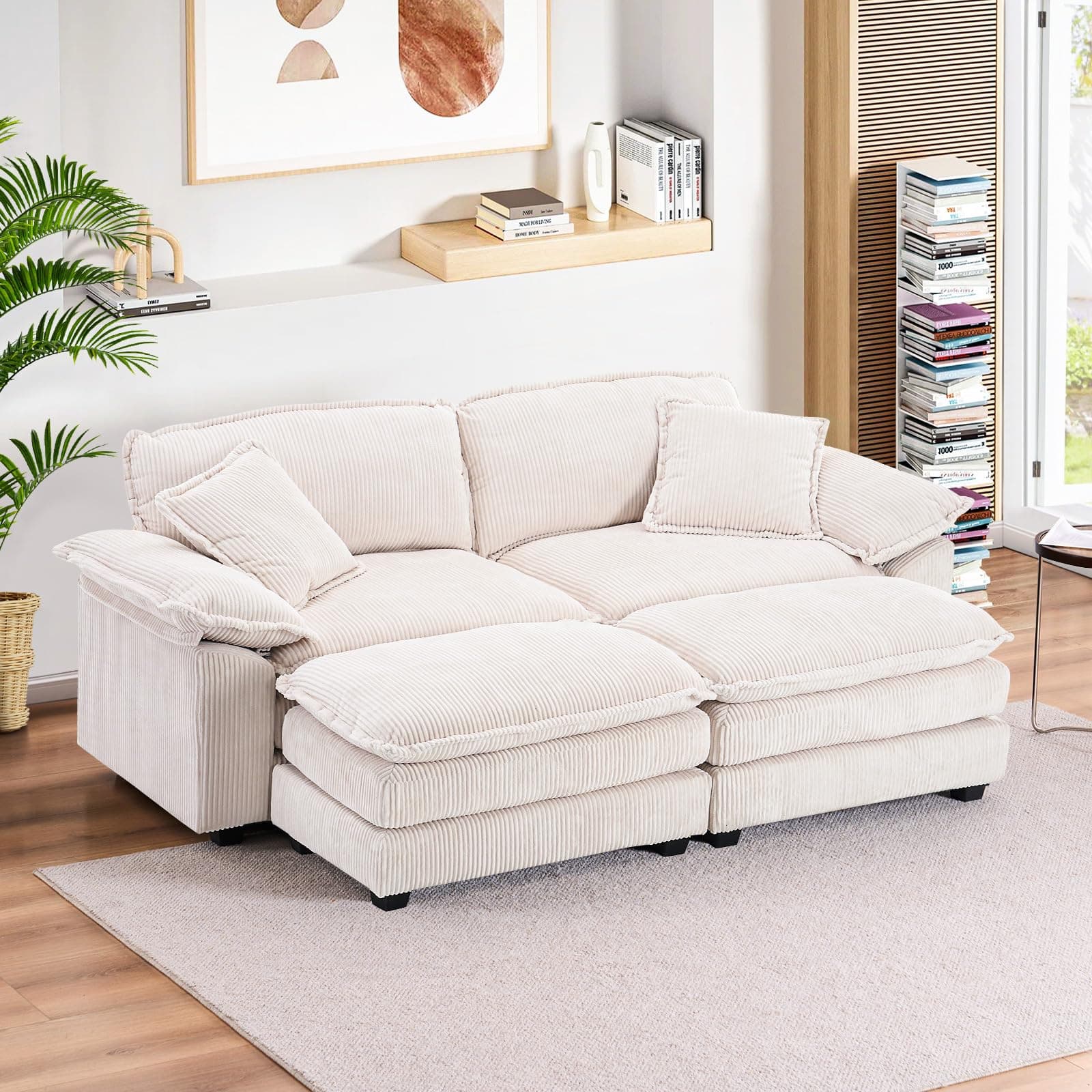 L Shaped Corduroy Sectional Sofa with Chaise and Ottoman