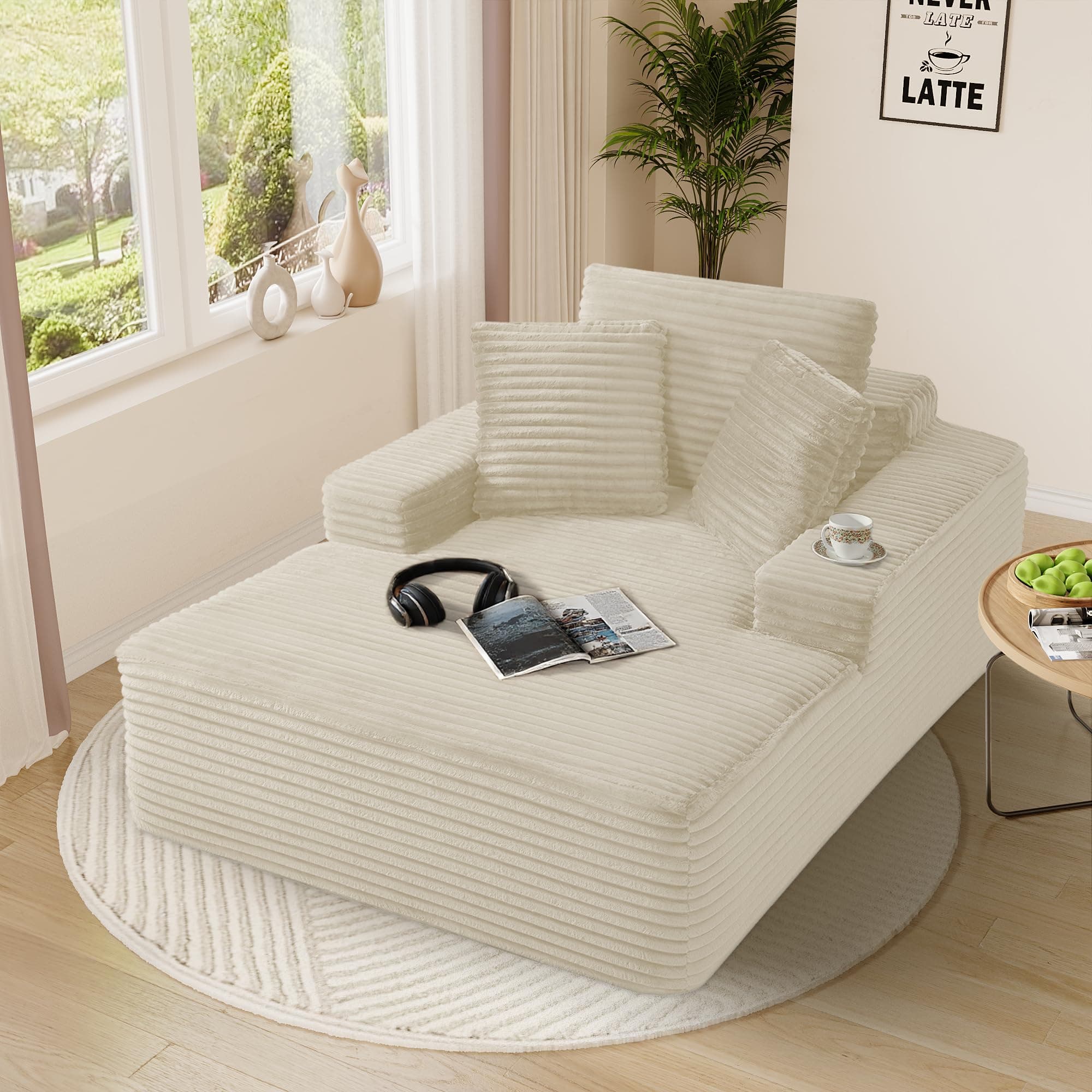Beige White Oversized Chaise Lounge Chair with Faux Fur & 3 Pillows for Living Room