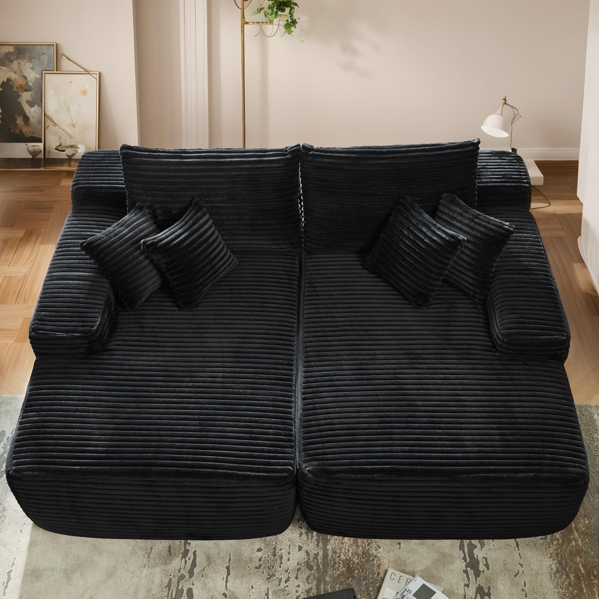 Ovio 81 Oversized Chaise Lounge with Plush Sofa Bed, No Assembly, Modern Fluffy Sleeper for Living Room or Bedroom, Black