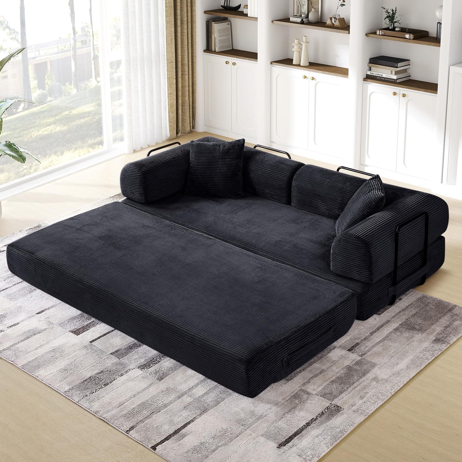 JEEOHEY Convertible Sofa Bed, Queen Size Memory Foam Couch for Living Room & Bedroom, Black