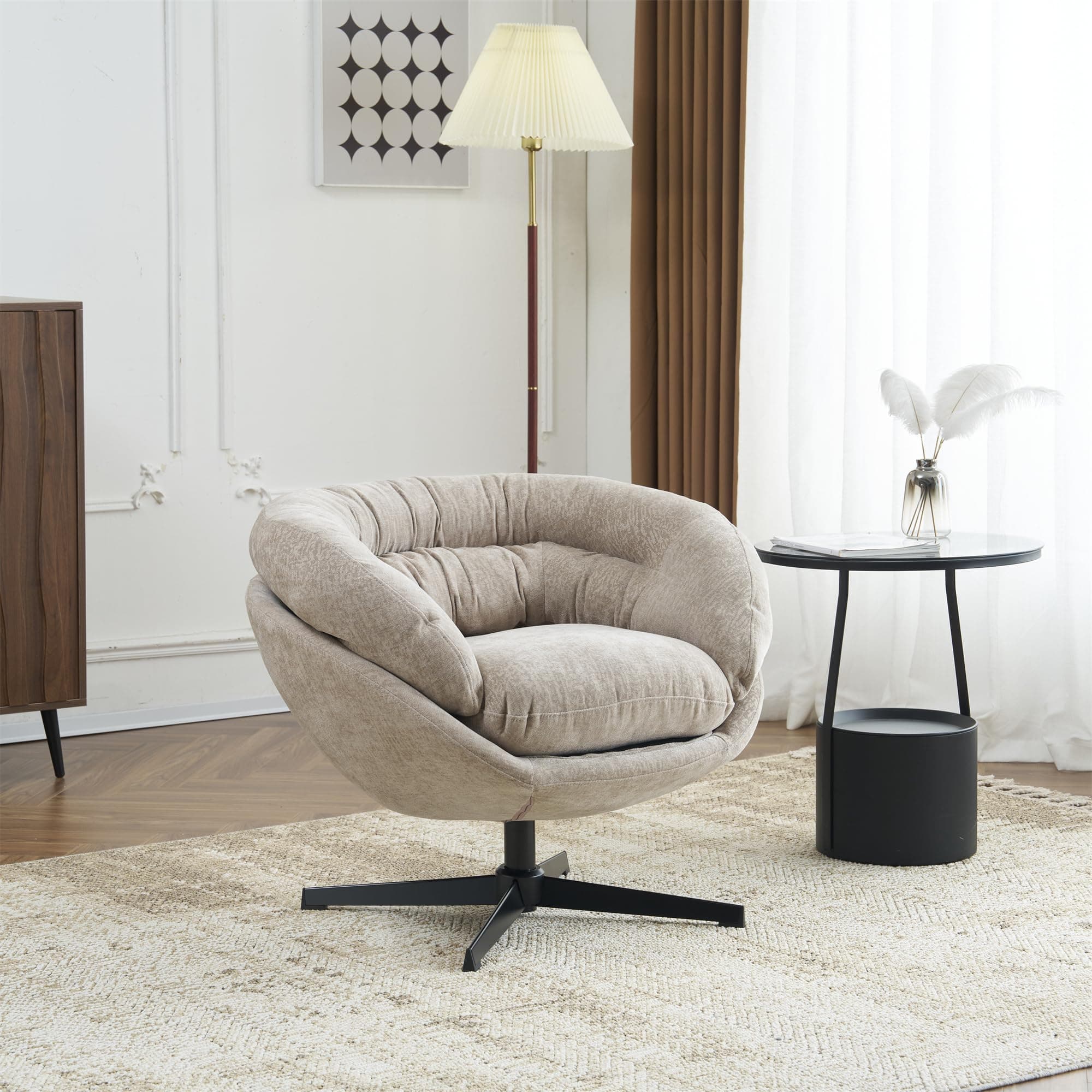 GDFStudio 360° Swivel Chenille Office Chair, Black Metal Base, Brown