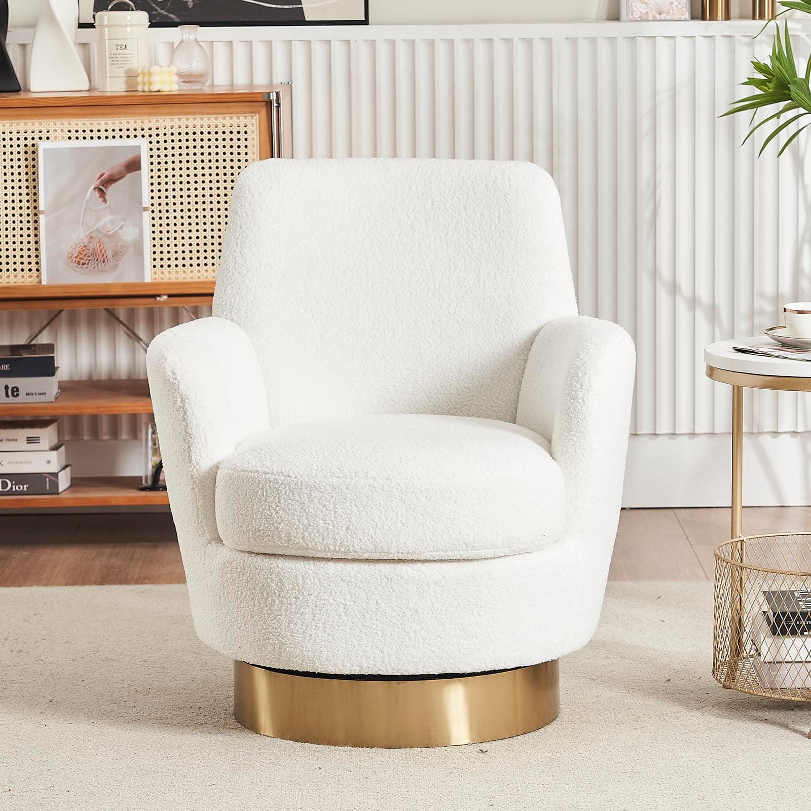 Modern White Swivel Barrel Chair with Tall Backrest and Teddy Fabric