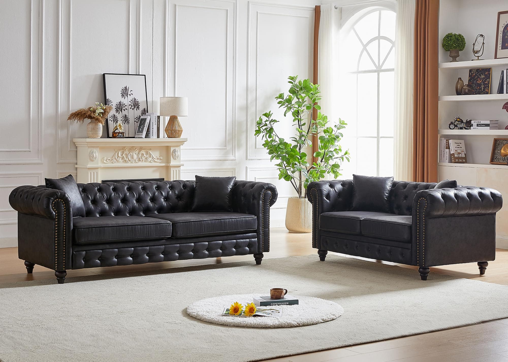 Mid Century Modern 2 Piece Sofa Set: Button Tufted Loveseat & 3 Seater, Nailhead Trim, Black