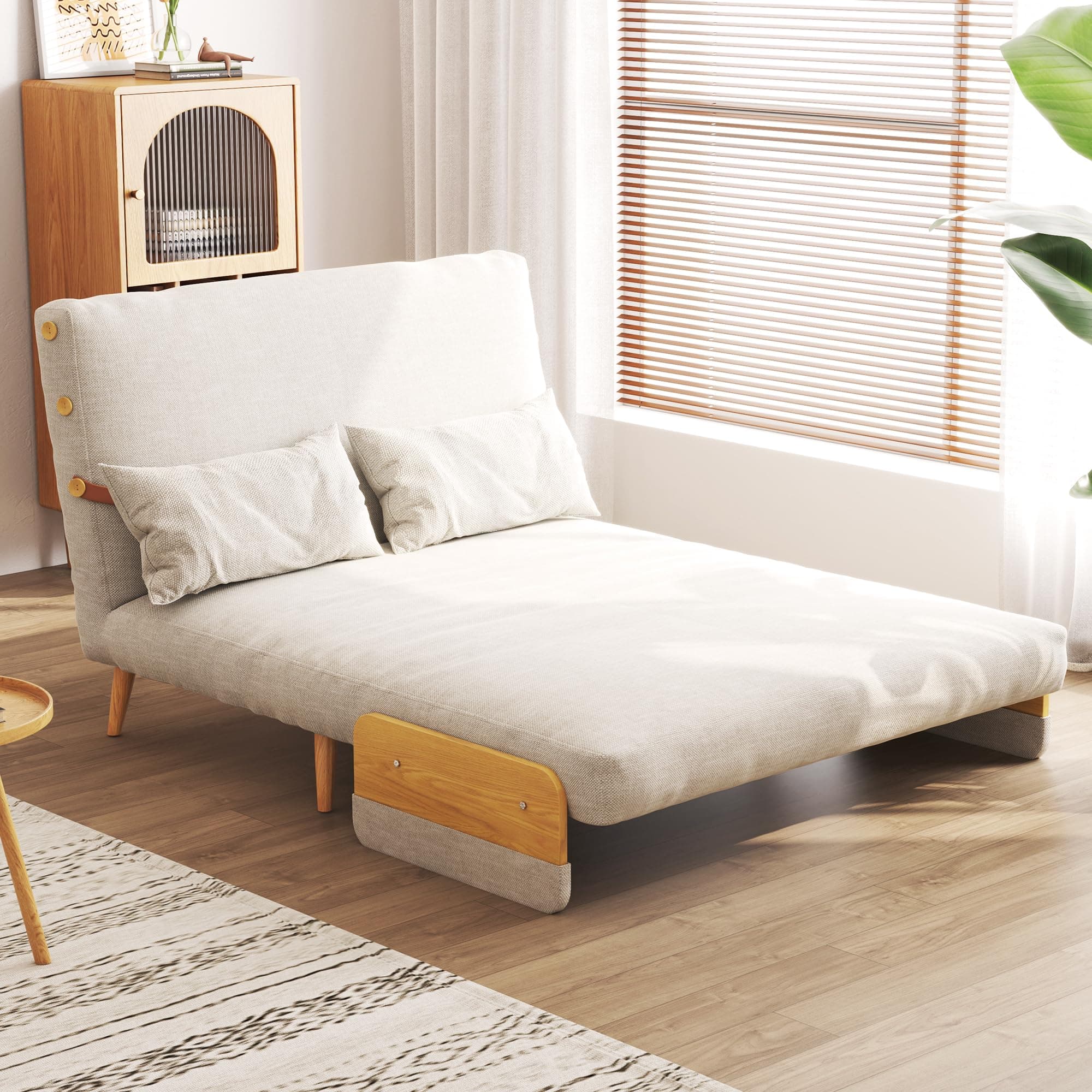 3-in-1 Convertible Chair Bed Sleeper for Adults, Linen Convertable Chair with Wooden Arms & Pillows