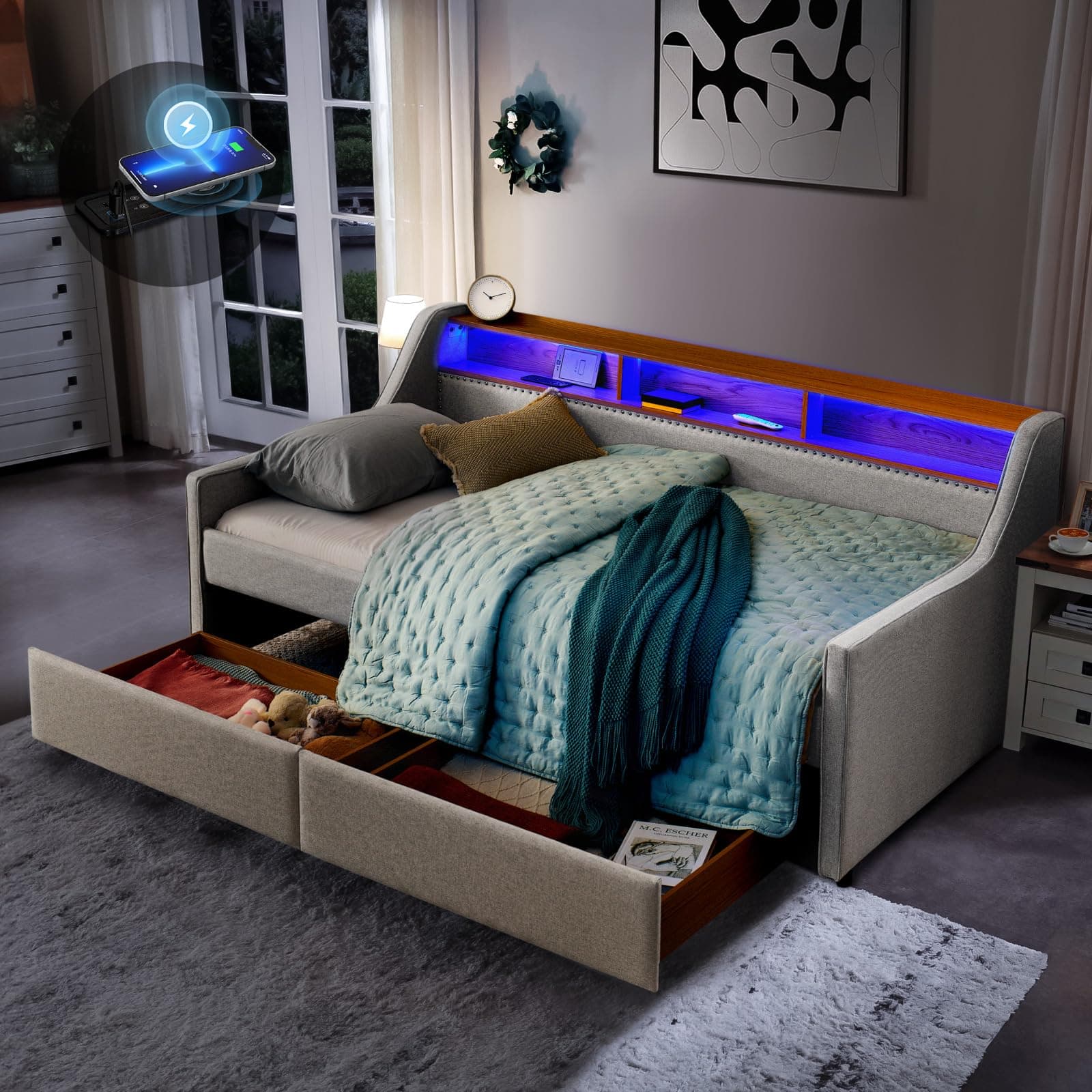 Modern Twin Size Daybed with Storage Drawers, Wireless Charger, and LED Light for Living Room or Apartment