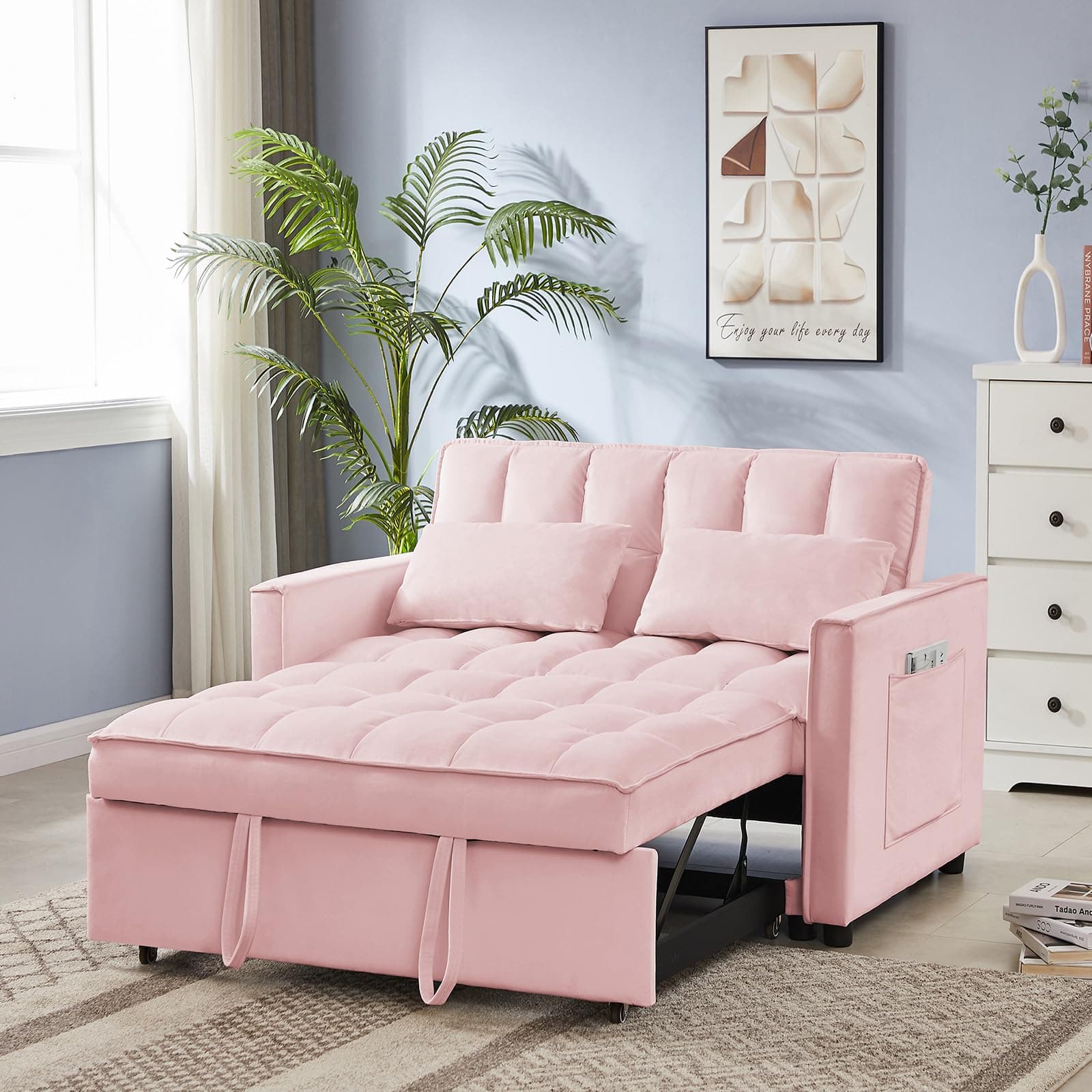 Convertible Sleeper Sofa Bed with Adjustable Backrest, Velvet Upholstered, Pink, 53