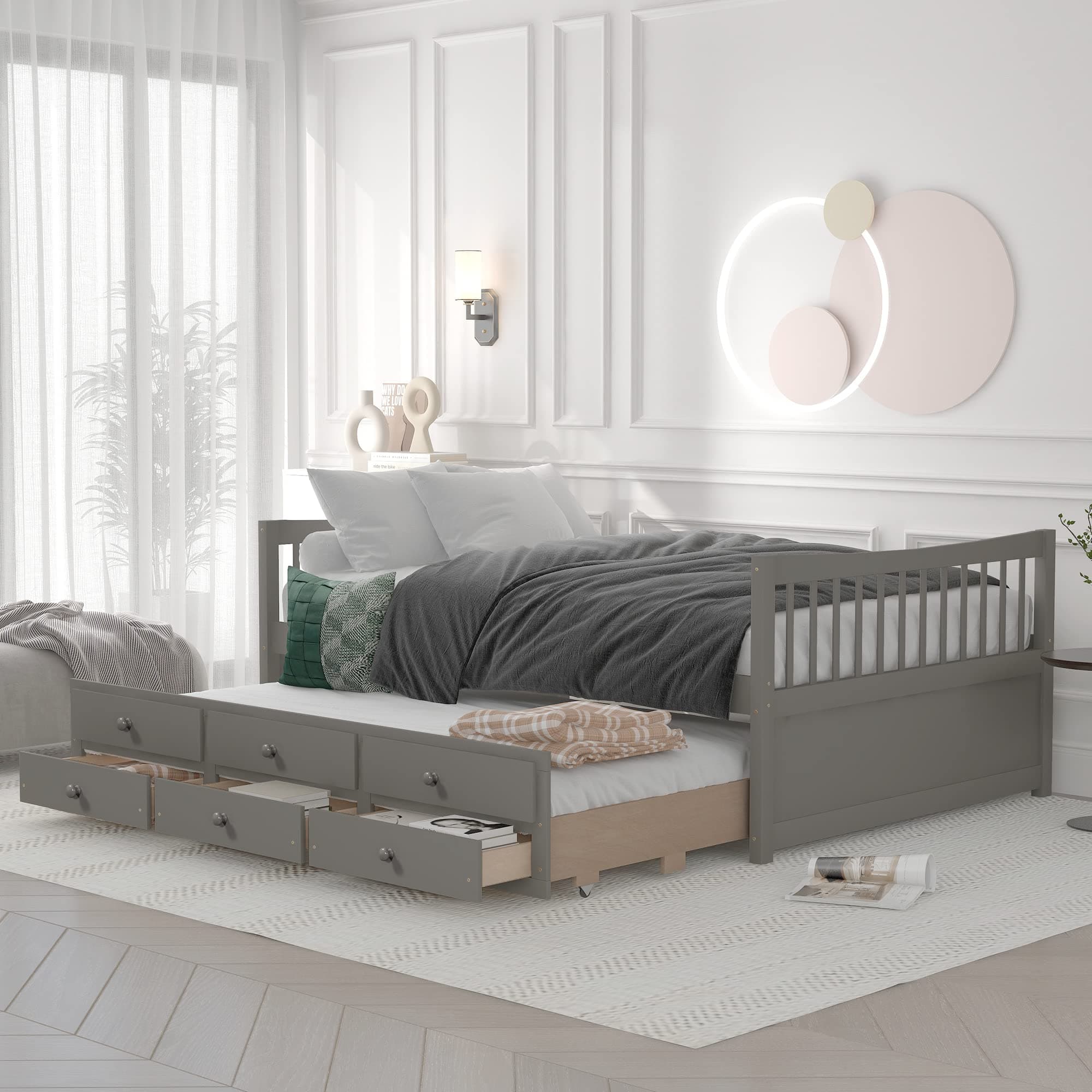 Upholstered Daybed with Trundle, Drawers, and Wood Slat Support Frame - Grey
