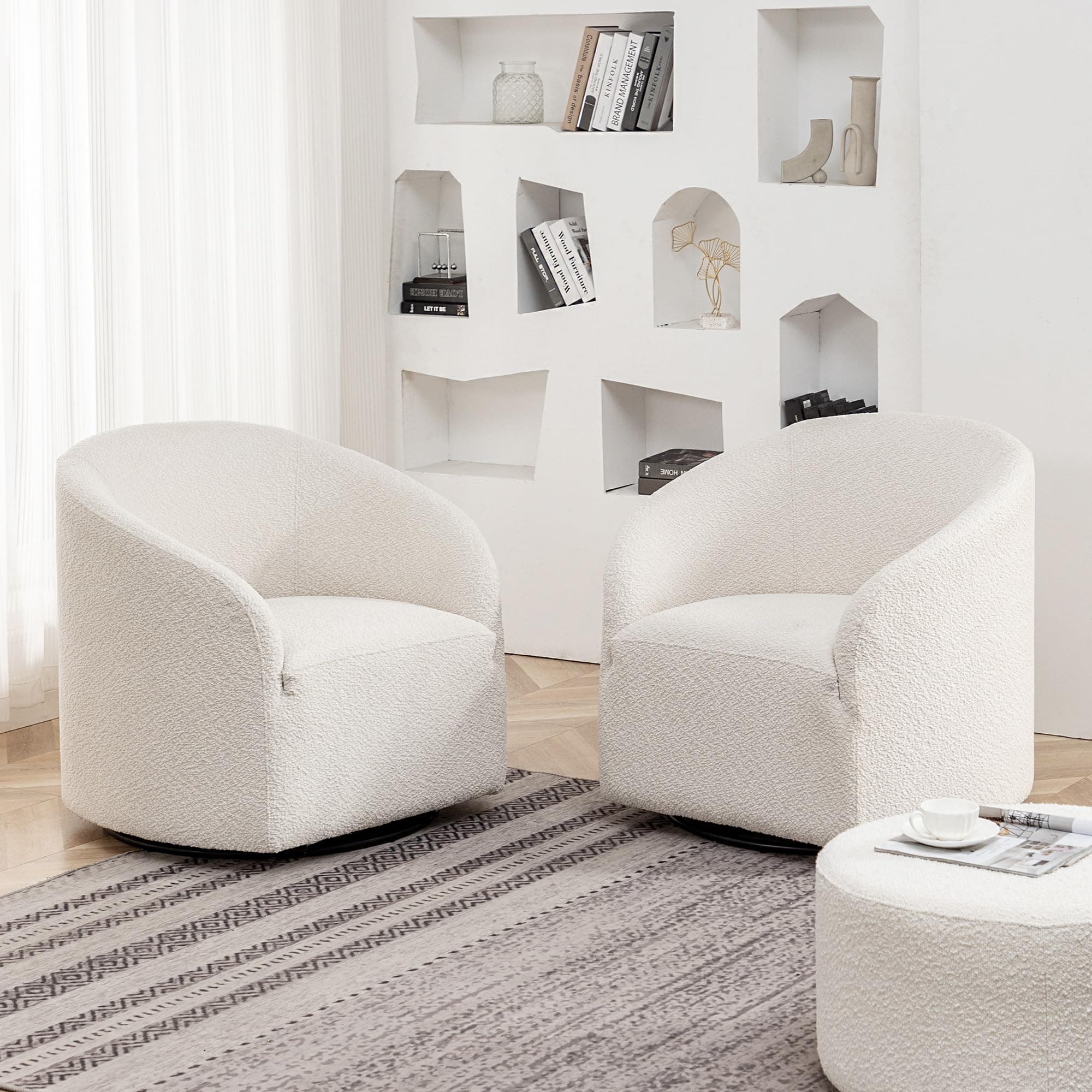 Modern White 32" Swivel Boucle Chairs Set of 2, Living Room & Bedroom