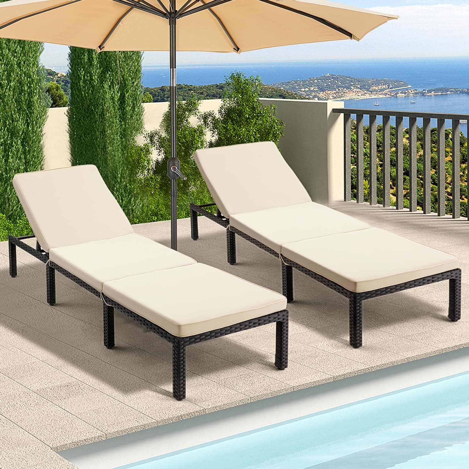 ECOTOUGE Khaki PE Wicker Pool Lounge Chair Set, 5-Position Adjustable Backrest
