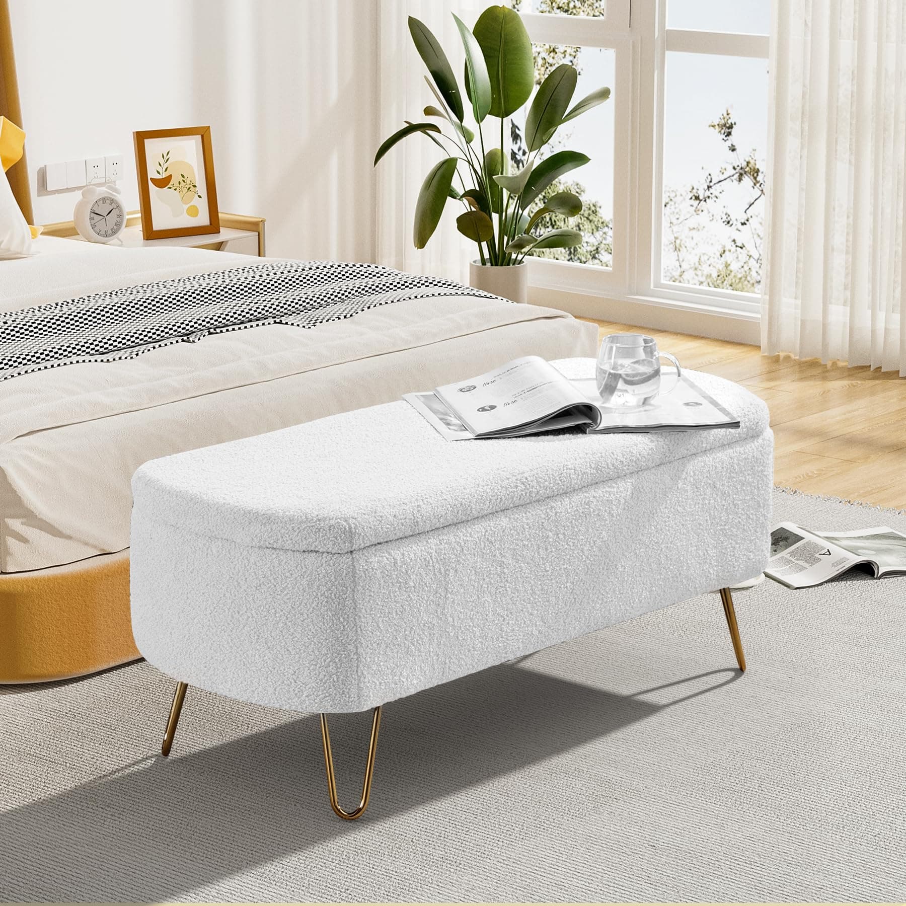 Sherpa Upholstered Storage Ottoman Bench with Gold Legs