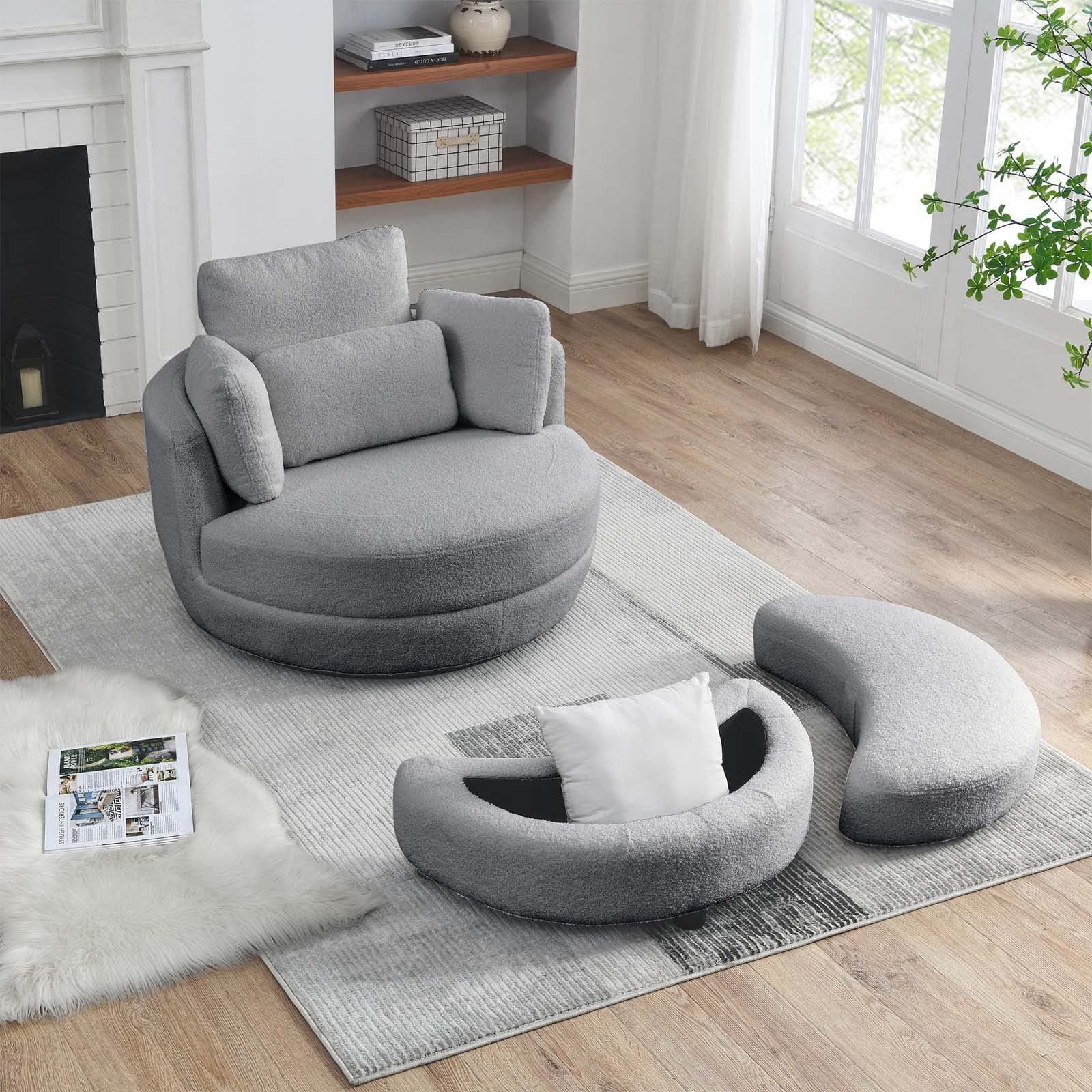 Grey Teddy Fabric Swivel Chair with Storage Ottoman