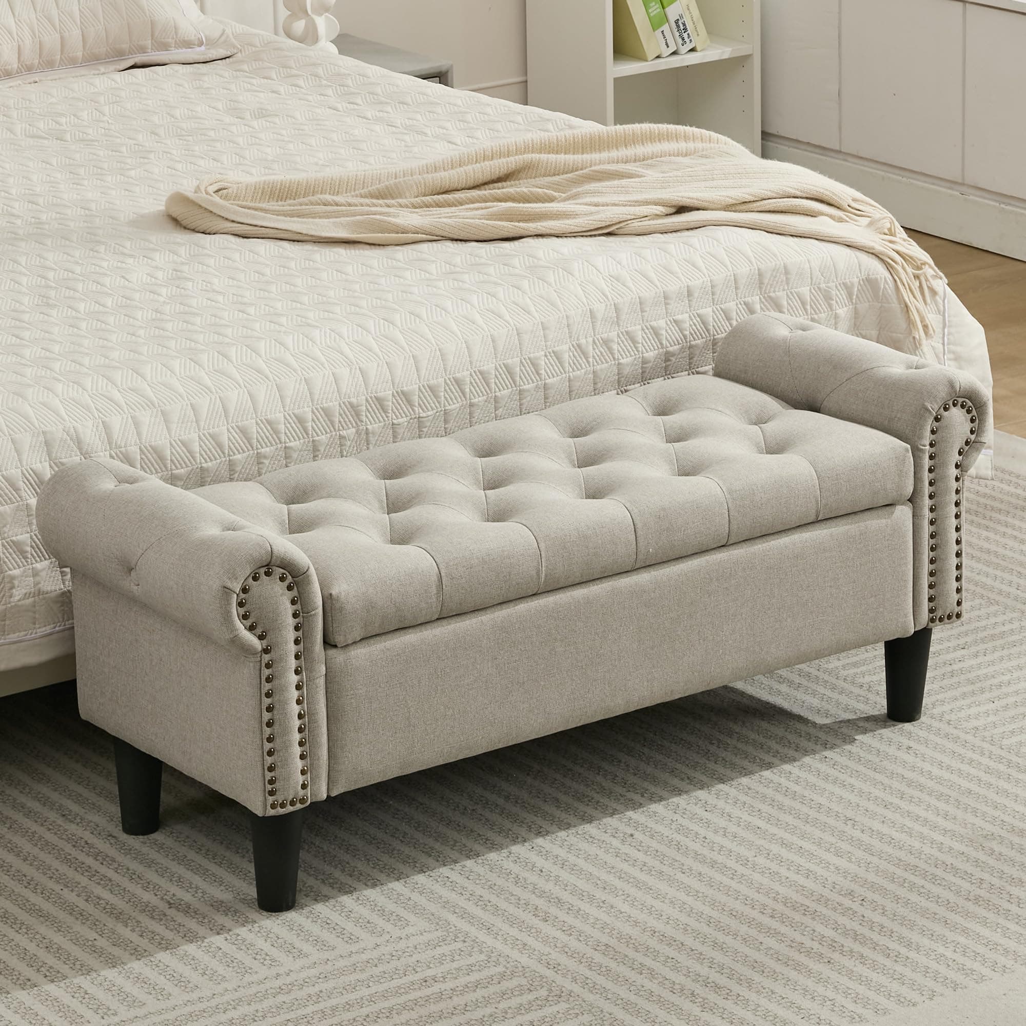 Light Brown Linen Tufted Storage Bench with Rolled Arms & Ottoman, 50" Queen End of Bed Bench