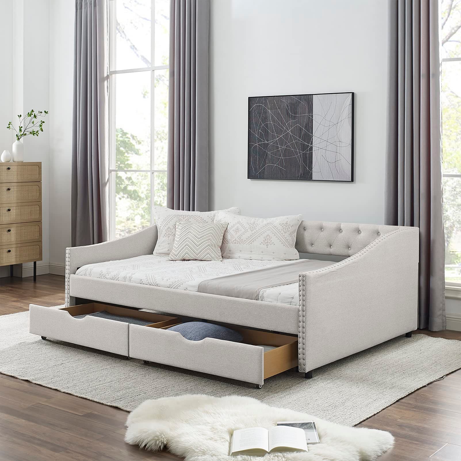 Upholstered Full Size Daybed with Storage and Headboard (Beige)