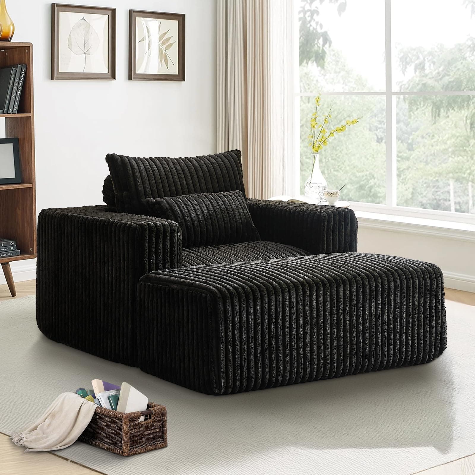 Oversized 48.5 Indoor Chaise Lounge Chair with Ottoman - Plush Corduroy Sofa for Living Room (Black)