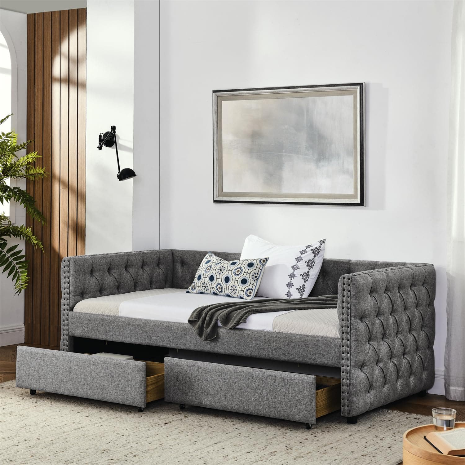 Twin Size Nailhead Trim Button Tufted Daybed with Storage Drawers, Grey