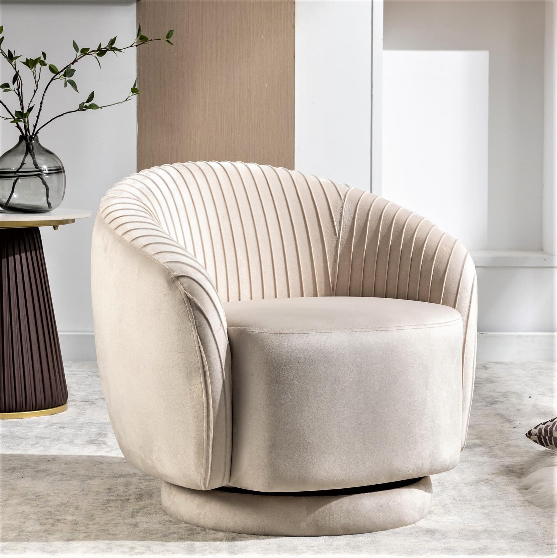 Elegant Ivory Barrel Swivel Chair with Velvet Upholstery and Smooth 360° Rotation