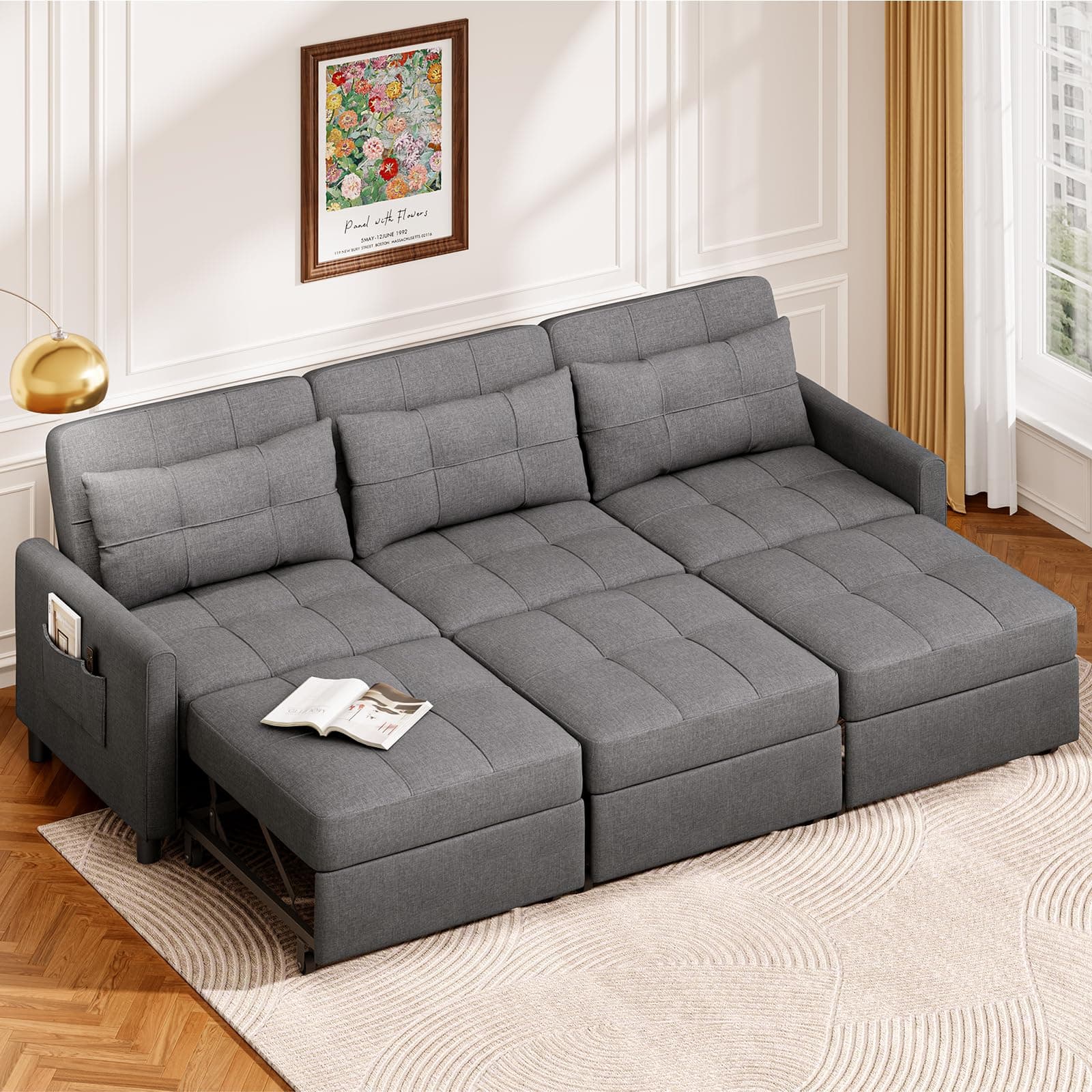 Aiho 84 Inch Pull Out Couch withAdjustable Backrest & Ottoman, Dark Grey