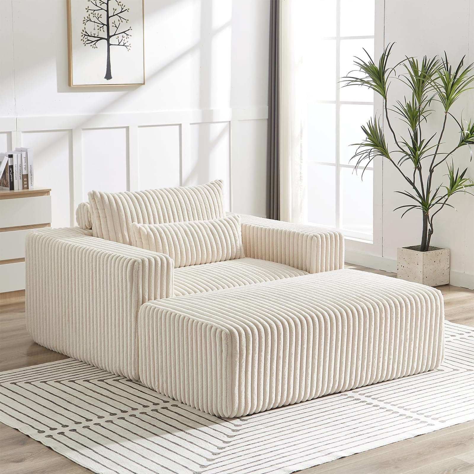 Beige Oversized Chaise LoungeChair with Ottoman, Deep Seat Sofa