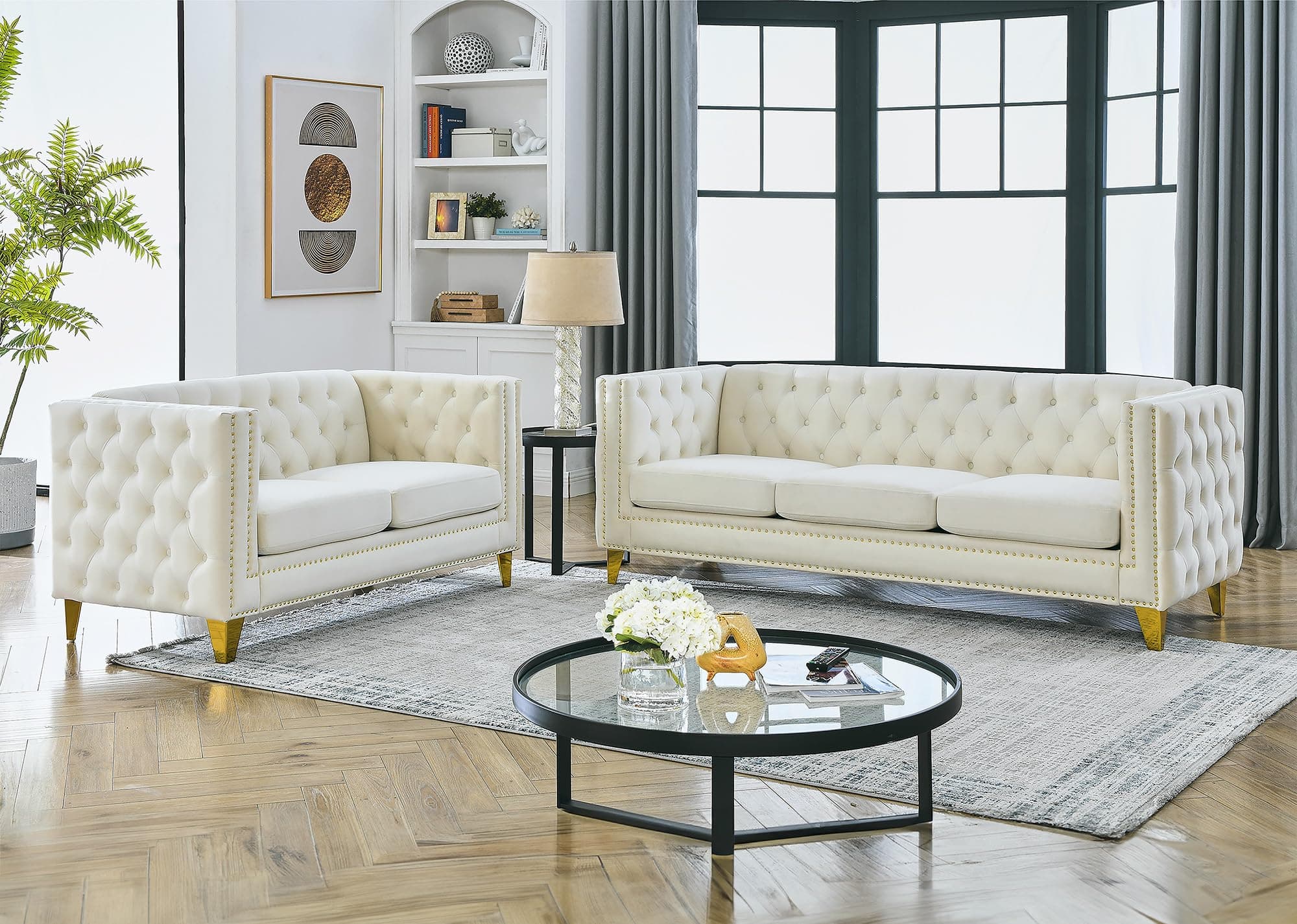 Oversized Chesterfield Sofa Set with Button Nailhead Upholstery