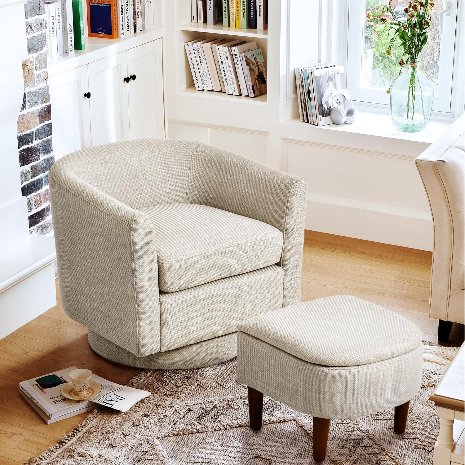 COLAMY Swivel Barrel Accent Chair with Ottoman, Light Brown
