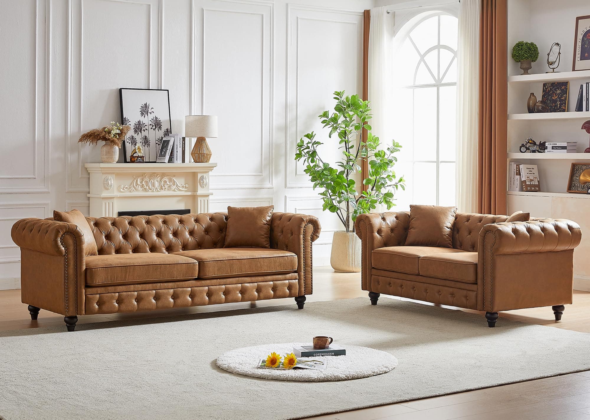 Mid Century Modern Button Tufted Loveseat & 3 Seater Brown Couch Set