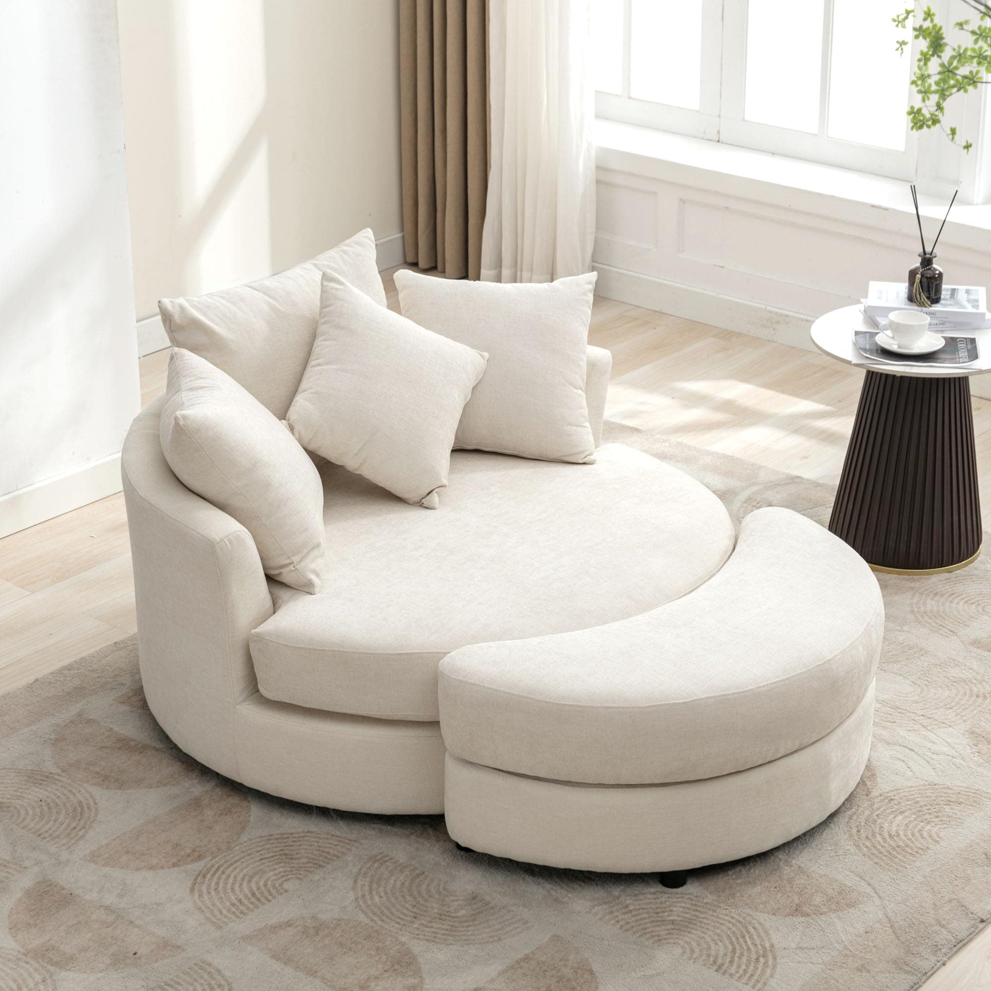 Merax 360° Swivel Barrel Chair with Half Moon Storage Ottoman, Living Room Accent Chairs, Cream