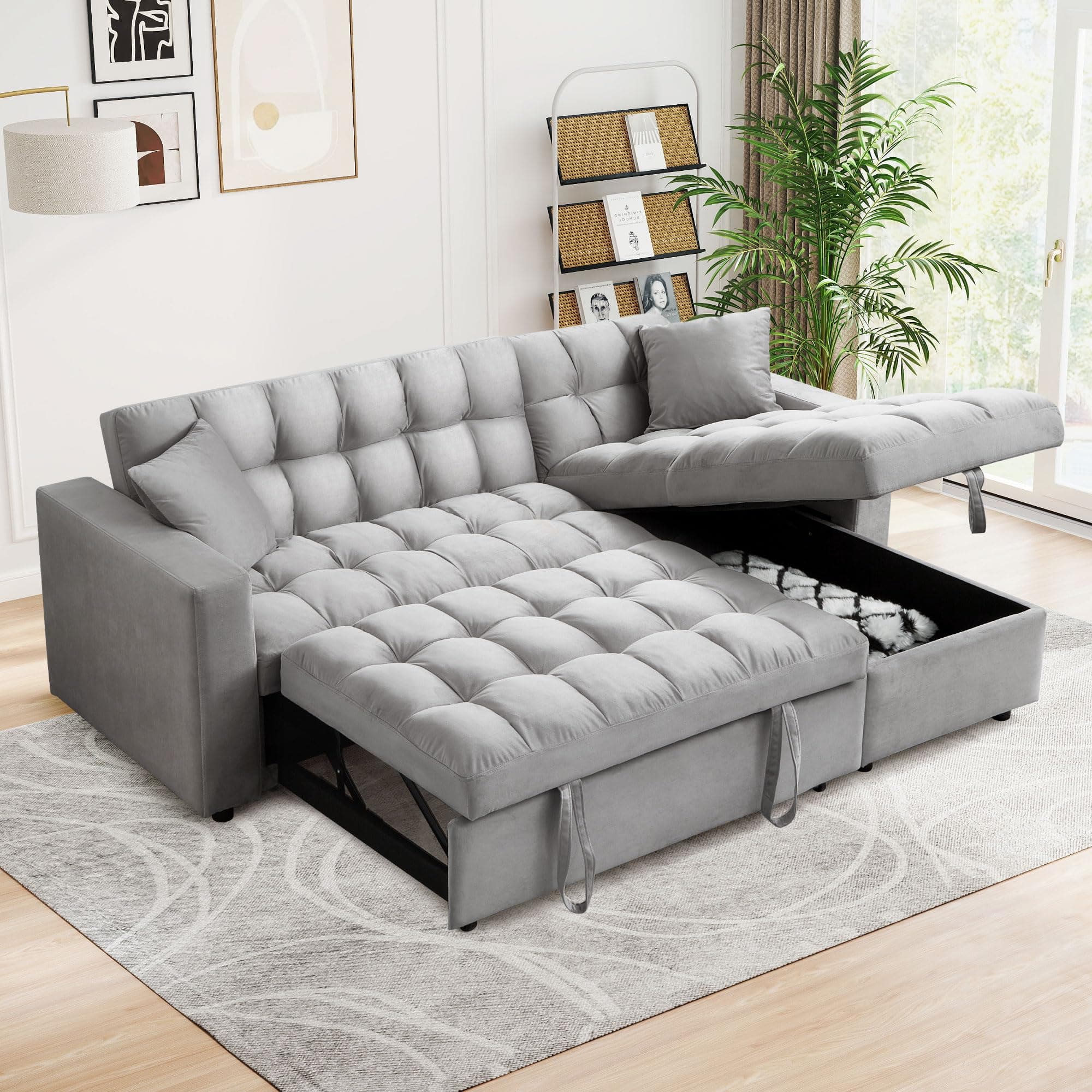 Convertible Sleeper Sofa Bed,82.6"W Velvet Tufted L Shaped Sectional Couch with Adjustable Back & Reversible Storage Chaise,Modern Futon Pull Out Couch Bed for Living Room,Apartment,Small Place(Grey)