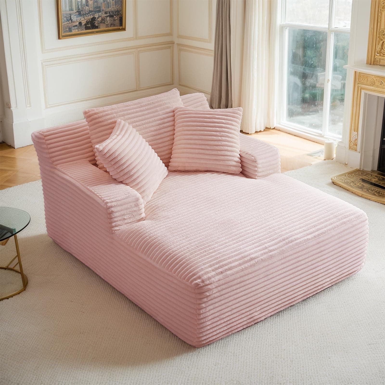 Oversized Pink Corduroy Chaise Lounge Chair with Recliner & Throw Pillows