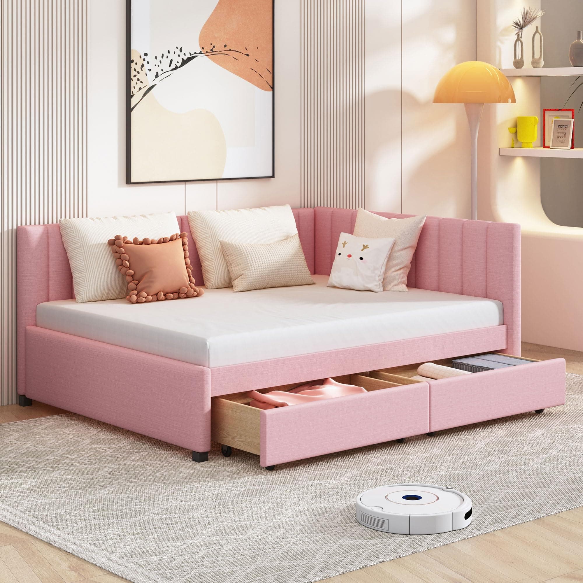 Upholstered Daybed with Storage Drawers - Pink