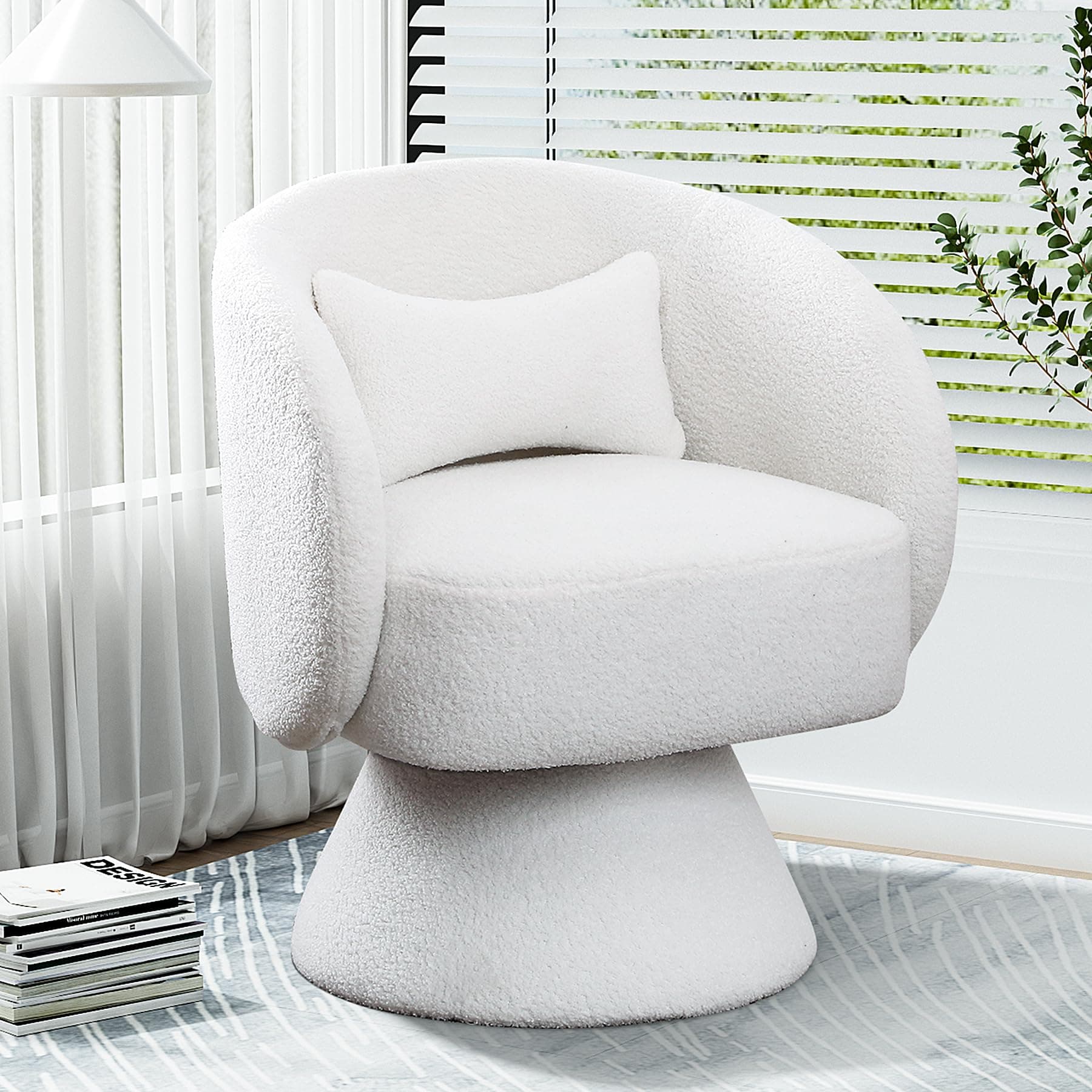 Upholstered Teddy White Swivel Chair, Modern Boucle Sherpa Accent (Living Room, Bedroom, Office)