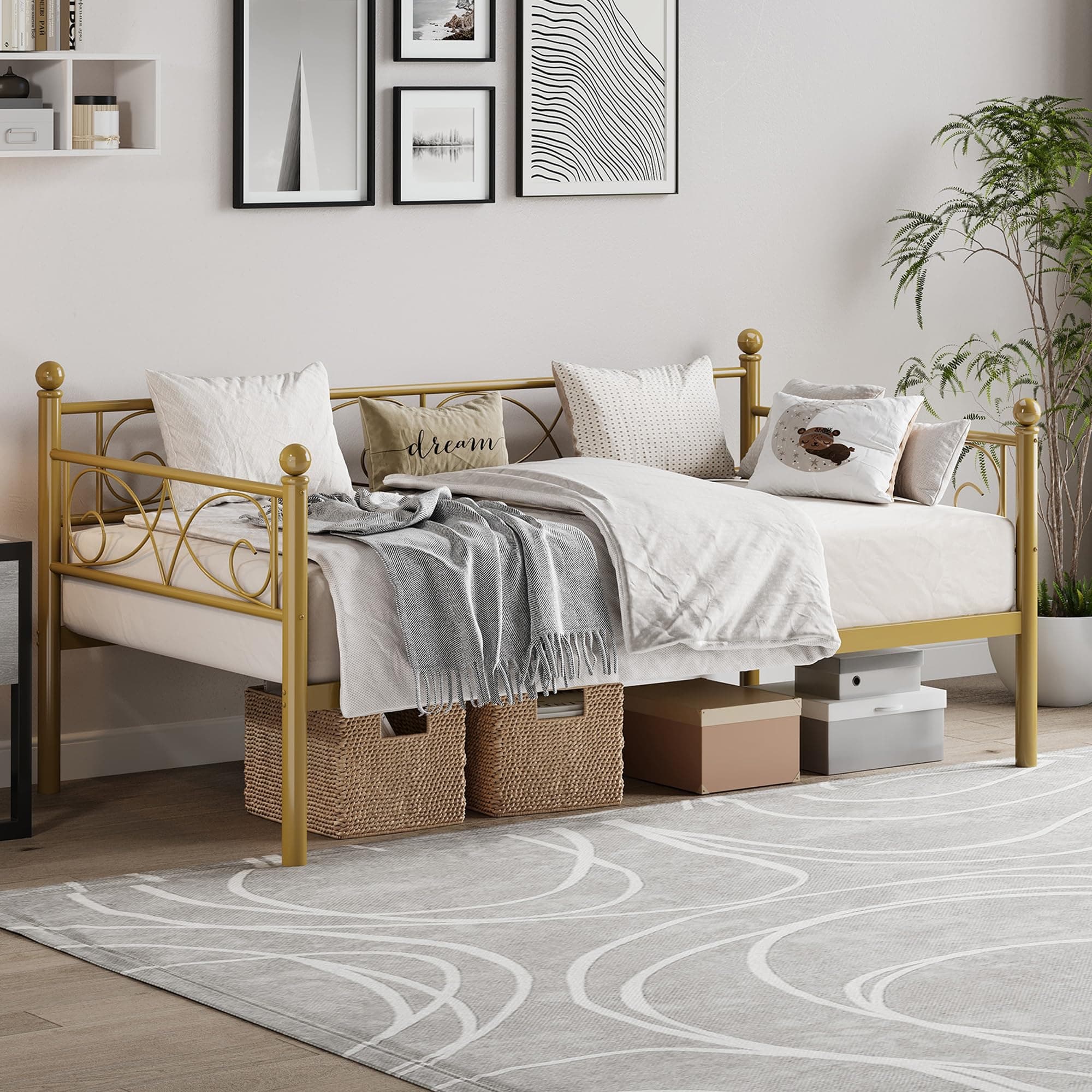 Gold Metal Day Bed, Twin Size with Floral Headboard, Modern SOFE Bed Frame