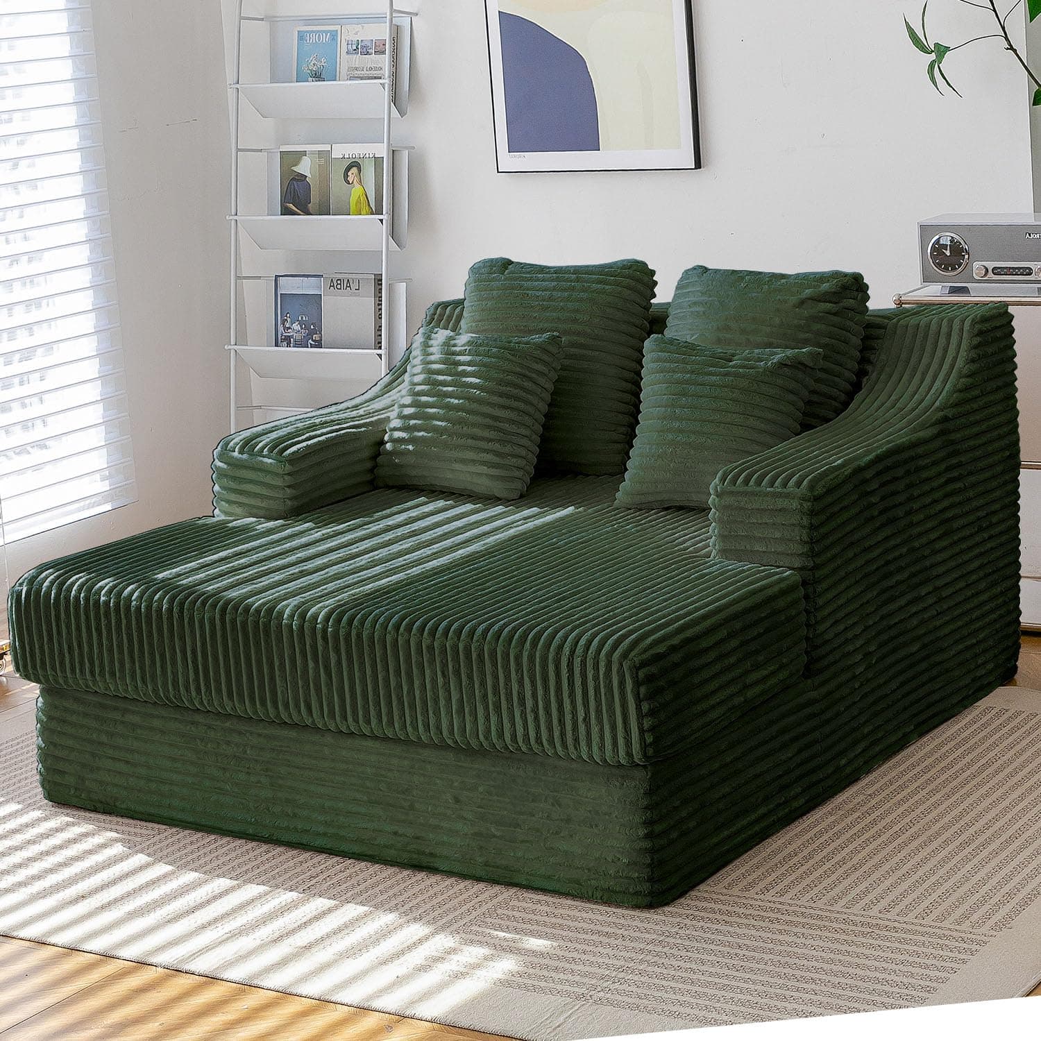 Oversized Green Chaise Lounge Chair with 4 Pillows, Living Room or Bedroom Sleeper