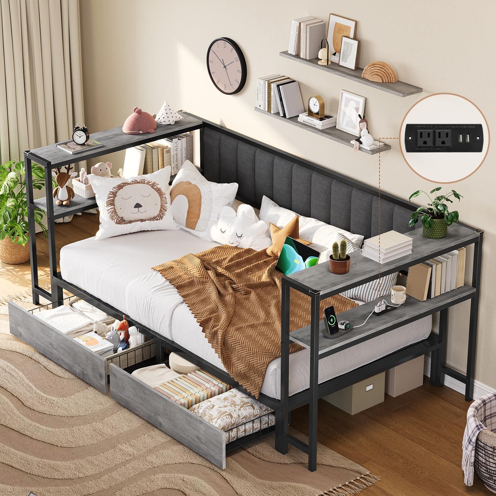 Twin Daybed with Shelves & Charging Station, Oak Gray, Living Room Bed