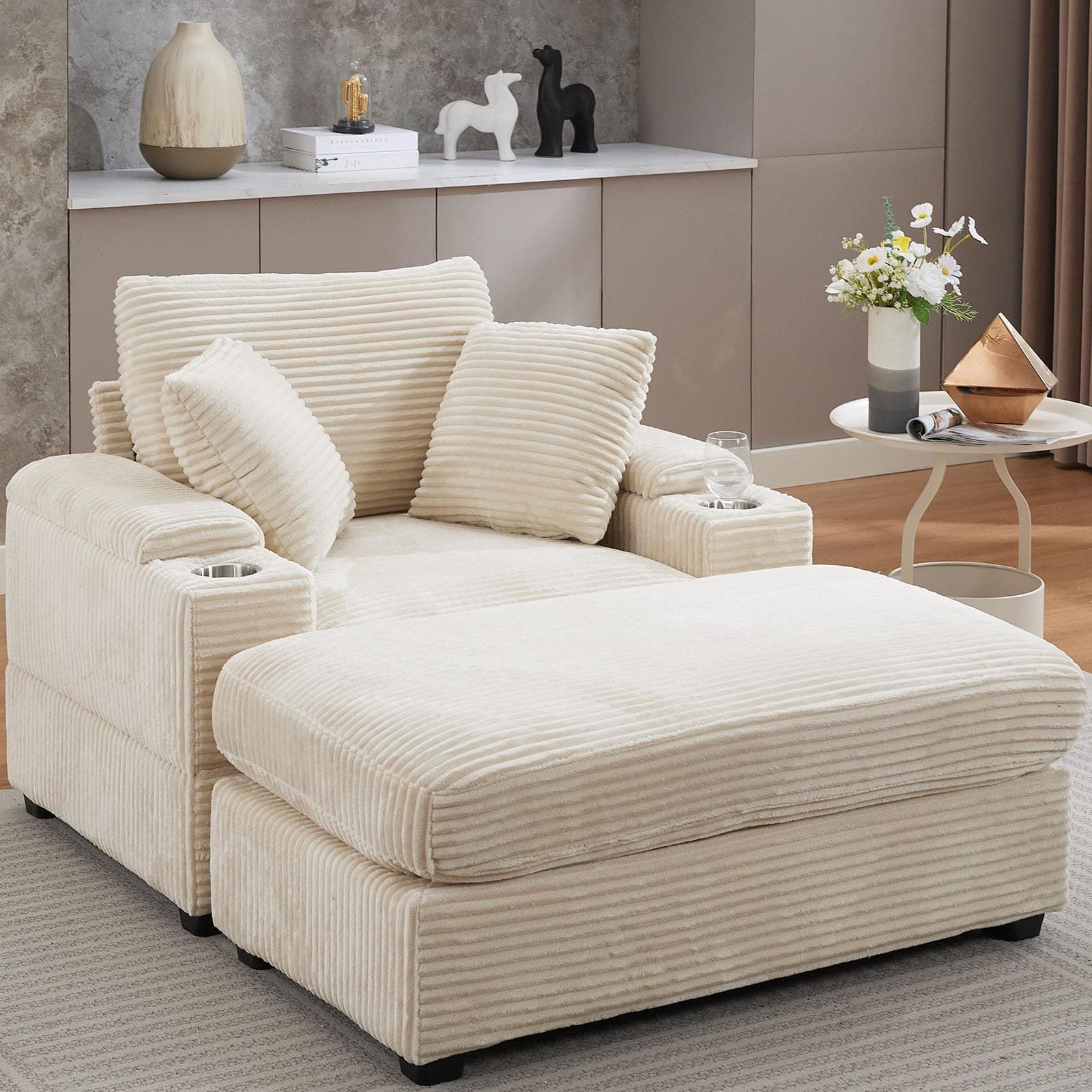 Oversized Beige Corduroy Chaise Lounge with Storage & Ottoman, Reclining Sofa Bed