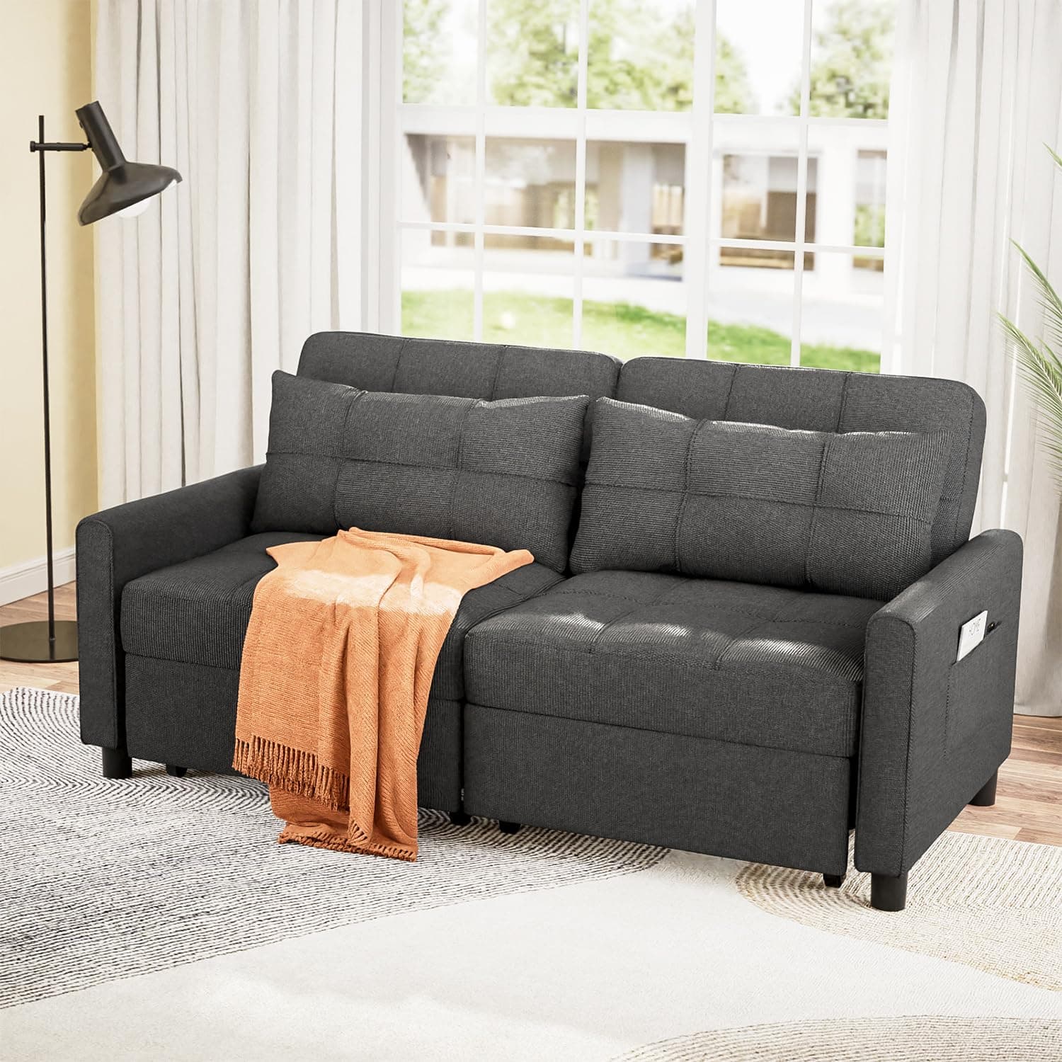 Aiho 58" Loveseat Couch Bed with Separate Ottoman & Adjustable Backrest, Dark Gray
