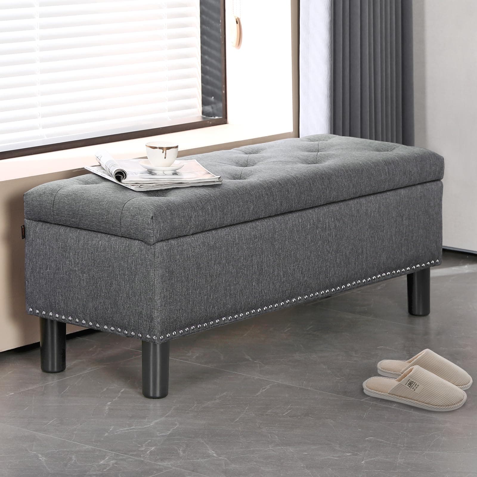 Furnimart 42.5 Inch Tufted Linen Ottoman Bench, Flip Top Storage for Bedroom