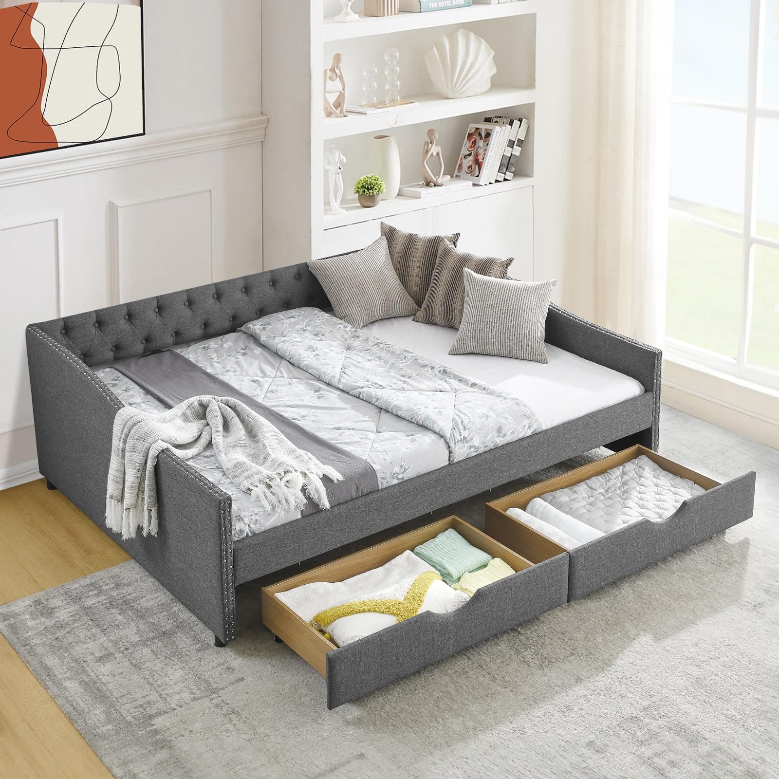 JEEOHEY Grey Linen Button Tufted Queen Daybed with Storage & Nailhead Trim