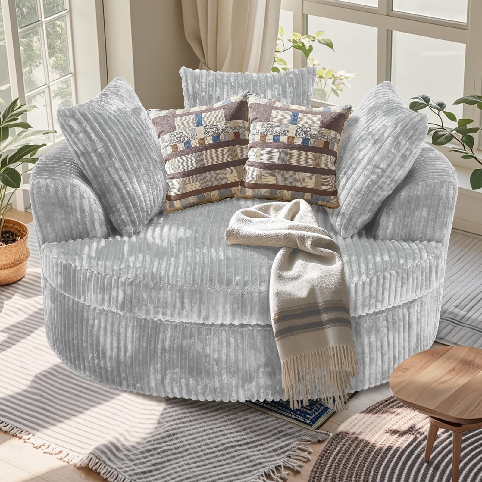 Oversized Round Corduroy Chaise Lounge Chair Bed, Plush Backrest, Throw Pillows, No Assembly Required