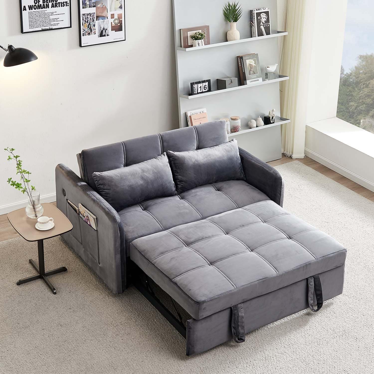 Modern Velvet Sleeper Sofa with USB and Adjustable Backrest